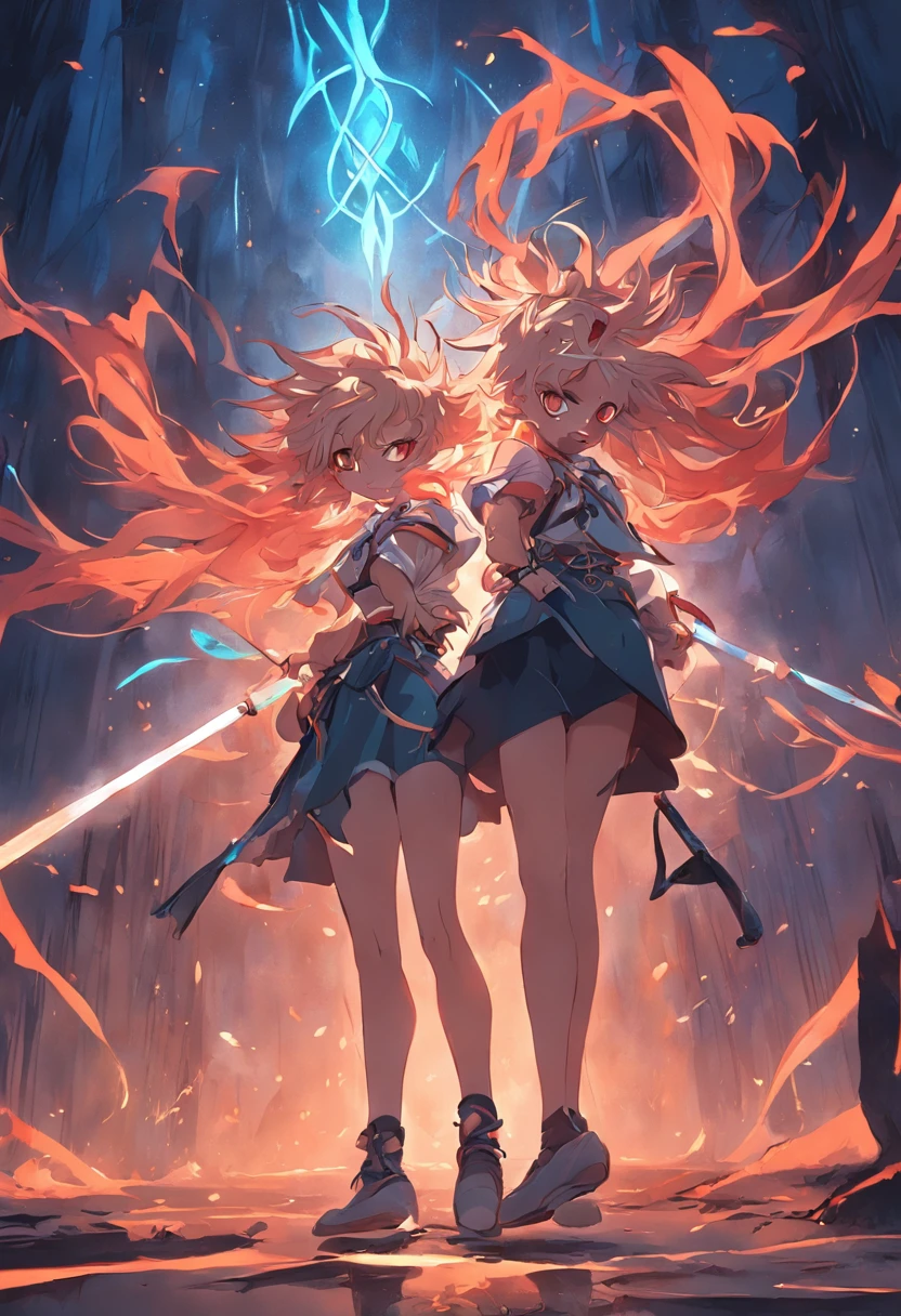 "sinister atmosphere, electric power, mysterious twins, wielding sharp spears, trendy shorts and tunics, voluminous and wild hair, adorned anklets, intertwined roots, embracing the essence of dark academia." masterpiece, 3d-rendering, fighting something,
