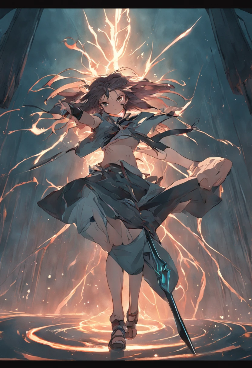 "sinister atmosphere, electric power, mysterious twins, wielding sharp spears, trendy shorts and tunics, voluminous and wild hair, adorned anklets, intertwined roots, embracing the essence of dark academia." masterpiece, 3d-rendering, fighting something,