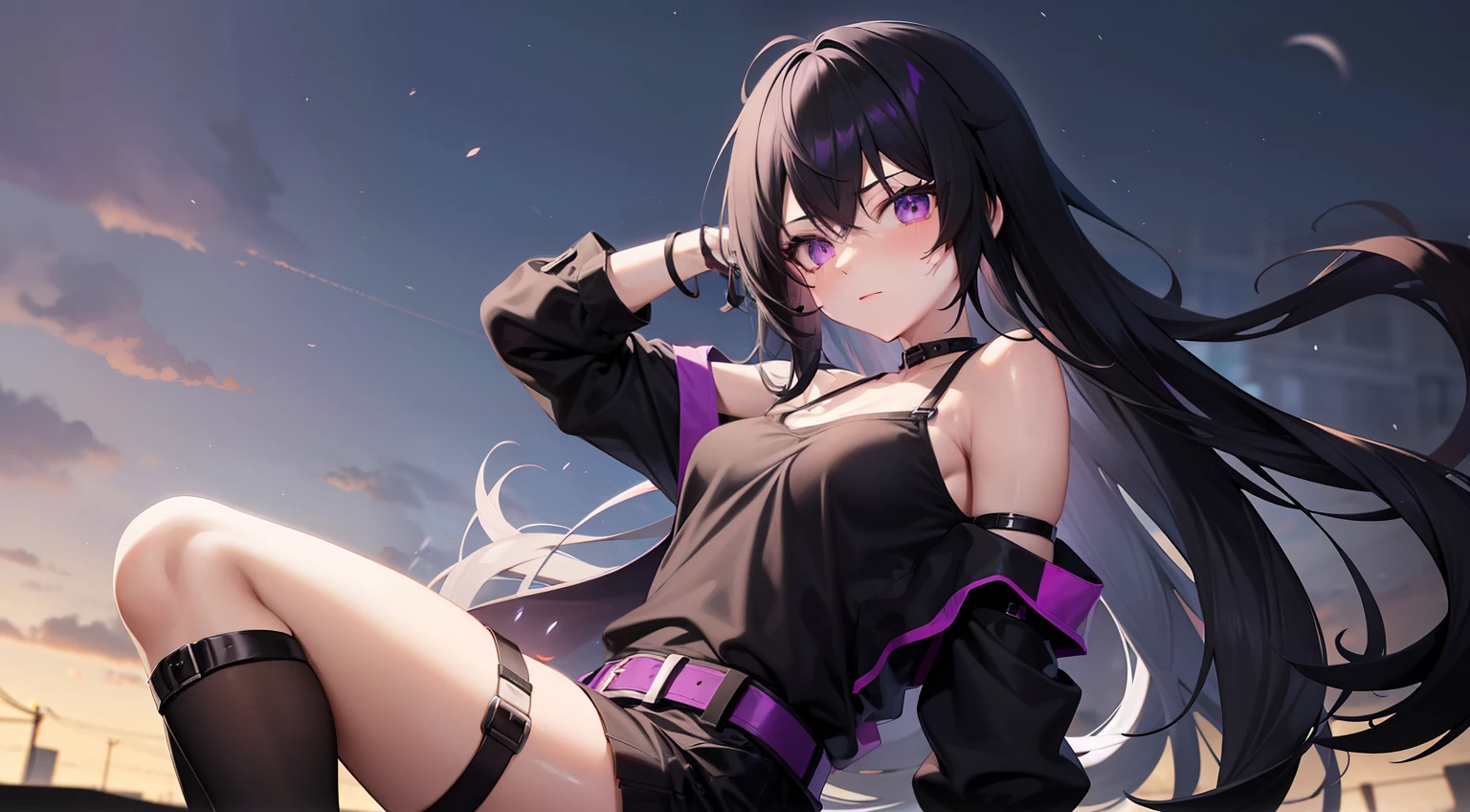 Anime girl, medium-long black hair, black and purple shirt, black shorts with black belt, black heart leg strap, city background