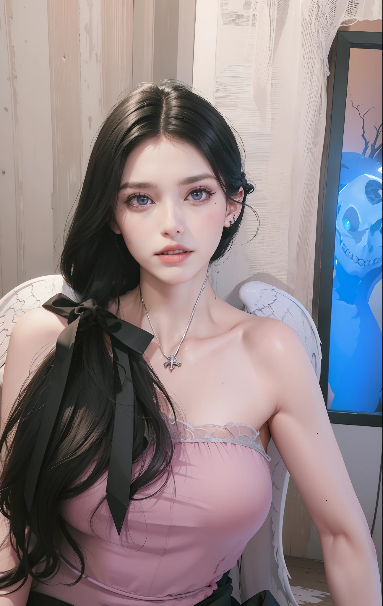 Fine matte paint,Skeleton Dark Angel, Haunted castle with large wings, Fill the drawing table with a knife,terroral,uncanny,horrid,secret terror,tentaculata,grape trees,The eye,uncanny valley effect teeth,all fours,Critters,Blood Moon,4K,high qulity,Beautuful Women,Delicate face