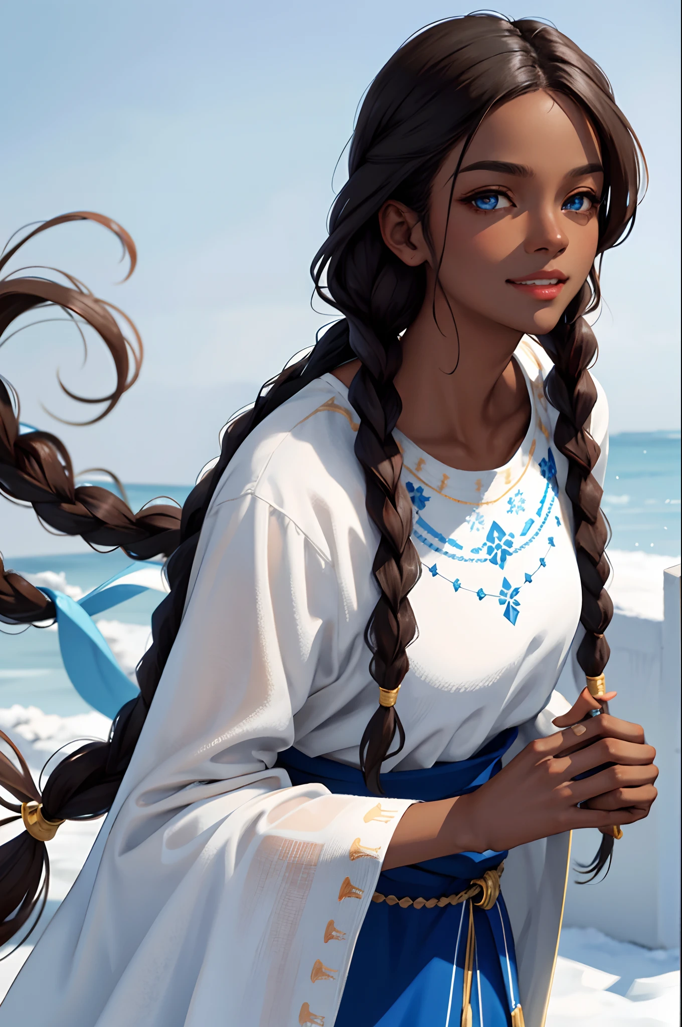 (masterpiece:1.2, best quality), (real picture, intricate details), 1lady, solo, upper body, casual, long hair, minimal makeup, natural fabrics, close-up face, smile, cold, snow, beautiful woman, long dark brown hair, long braids, two long braids, tan skin, Inuit, Inuit clothing, blue Inuit clothing, waterbender, blue eyes, dark skin, brown skin colour, dark skinned woman.