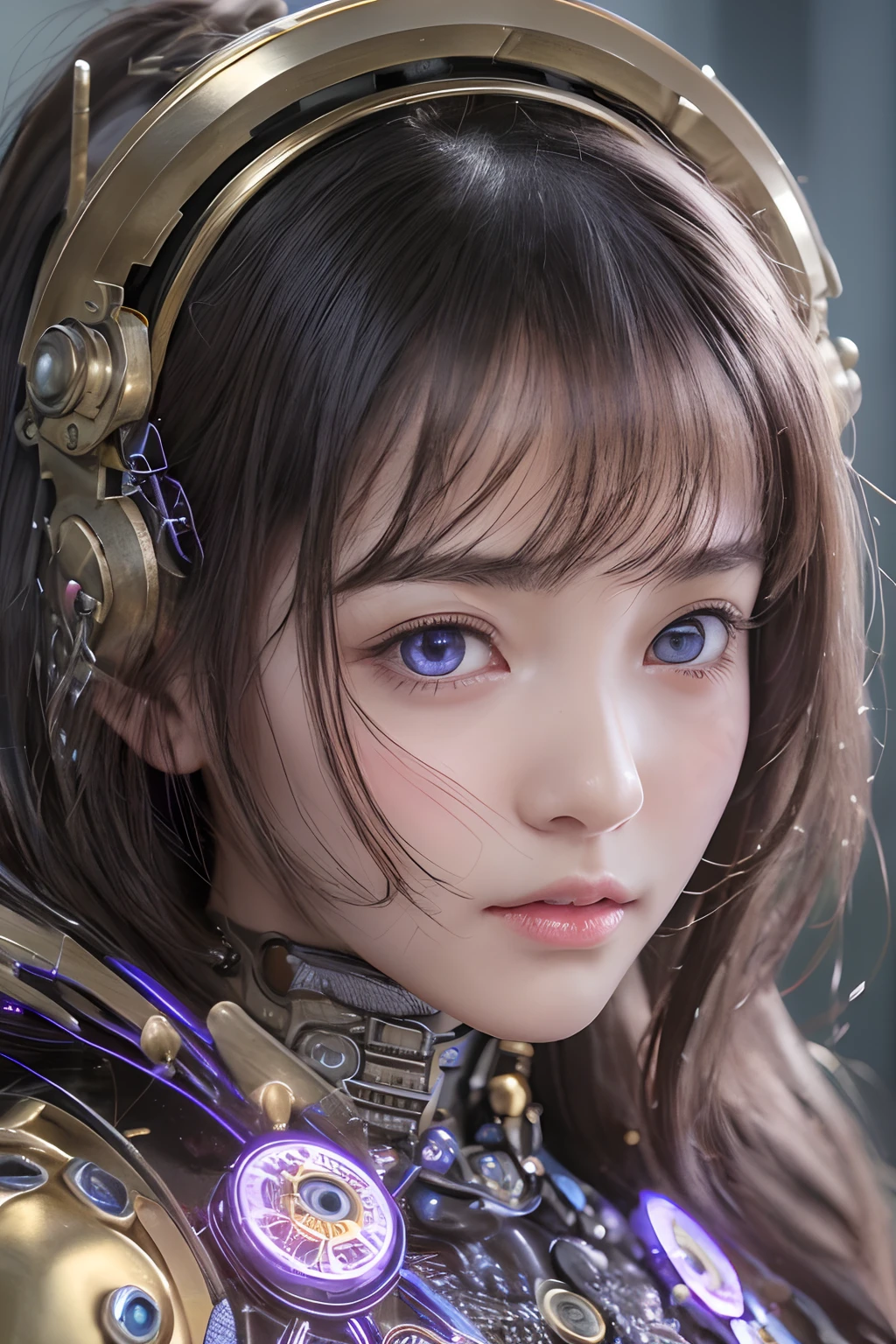 top-quality、masterpiece、超A high resolution、(Photorealsitic:1.4)、Raw photo、女の子1人、Black hair、glowy skin、1 Mechanical Angel、large metal wings、Shining Angel Circle、((super realistic details))、portlate、globalillumination、Shadow、octan render、8K、ultrasharp、Colossal tits、Raw skin is exposed in cleavage、metals、Details of complex ornaments、Steampunk details、vacuum tubes、Nixie Kan、Oil pressure gauge、Glass Kan、Analog Meter、gear wheel、gear、Hydraulic cylinder、highly intricate detail、Realistic light、a purple eye、radiant eyes、Facing the camera、neon details、Mechanical limbs、blood vessels connected to tubes、Mechanical vertebrae attached to the back、mechanical cervical attaching to neck、sitting on、Wires and cables connecting to the head、Small LED lamp、Sumerian details、