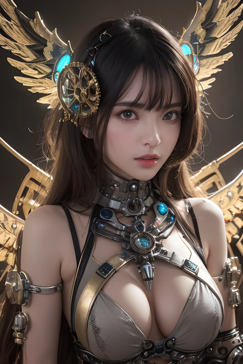 top-quality、masterpiece、超A high resolution、(Photorealsitic:1.4)、Raw photo、女の子1人、Black hair、glowy skin、1 Mechanical Angel、large metal wings、Shining Angel Circle、((super realistic details))、portlate、globalillumination、Shadow、octan render、8K、ultrasharp、Colossal tits、Raw skin is exposed in cleavage、metals、Details of complex ornaments、Steampunk details、vacuum tubes、Nixie Kan、Oil pressure gauge、Glass Kan、Analog Meter、gear wheel、gear、Hydraulic cylinder、highly intricate detail、Realistic light、a purple eye、radiant eyes、Facing the camera、neon details、Mechanical limbs、blood vessels connected to tubes、Mechanical vertebrae attached to the back、mechanical cervical attaching to neck、sitting on、Wires and cables connecting to the head、Small LED lamp、Sumerian details、