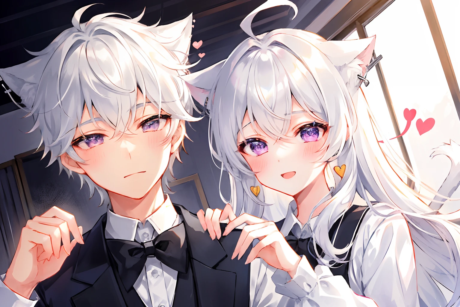 (1boy and 1girl), (cat ears:1.2), short hair, silver hair, white hair, purple eyes, masterpiece, pov, medium breast, absurdres, messy hair, cute smile, winking, blushing, nice hands, boy in a tuxedo suit, girl in a wedding dress, holding hands, (heart in the pupils:0.2), floating heart, heart earrings, white hair, full-face blush, looking at another, face-to-face, the church pipe organ can be seen in the background.