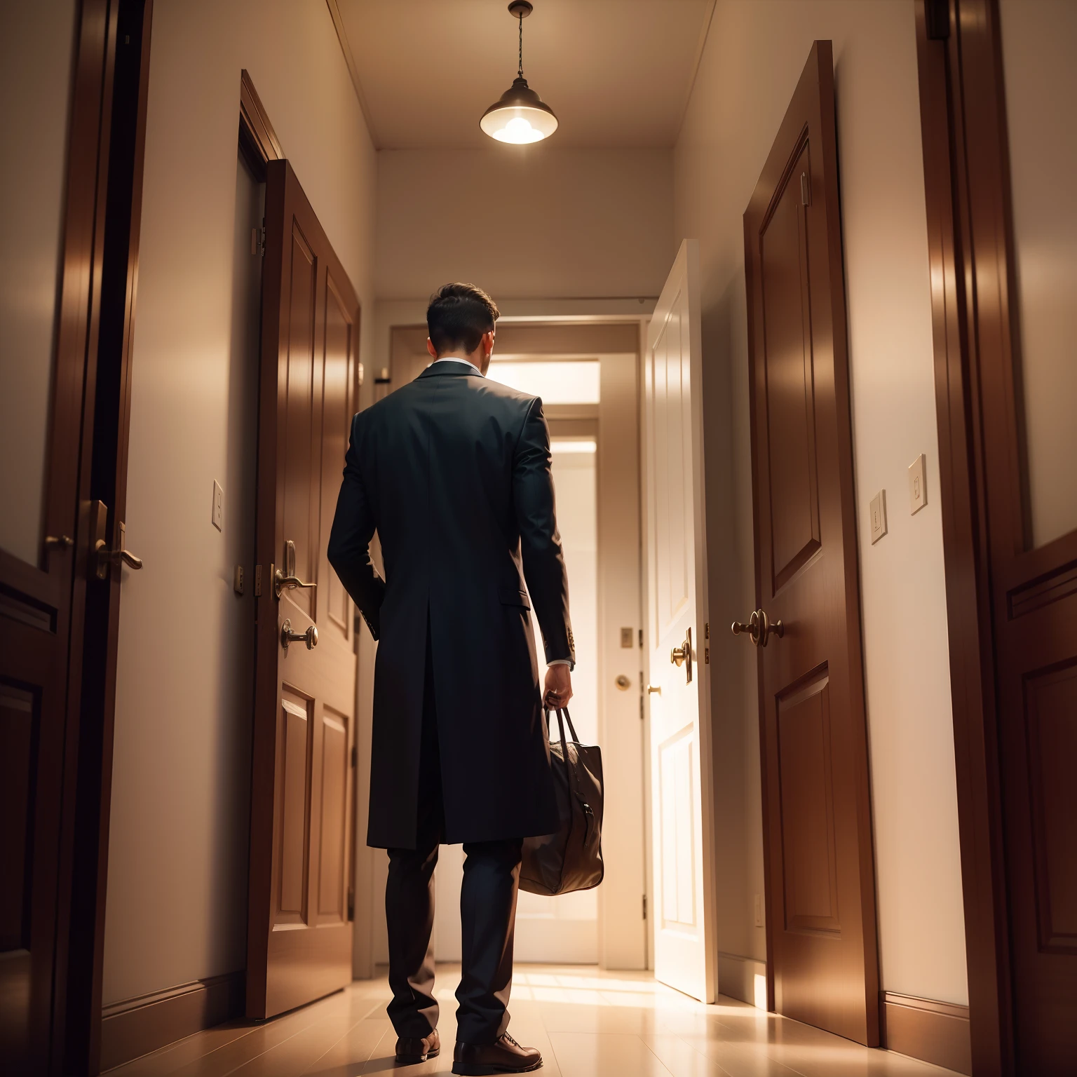 A man stands before a door