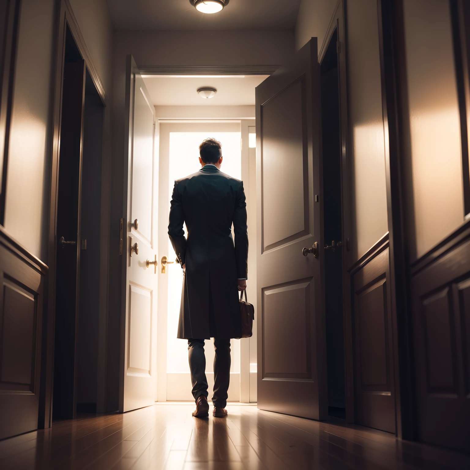 A man stands before a door