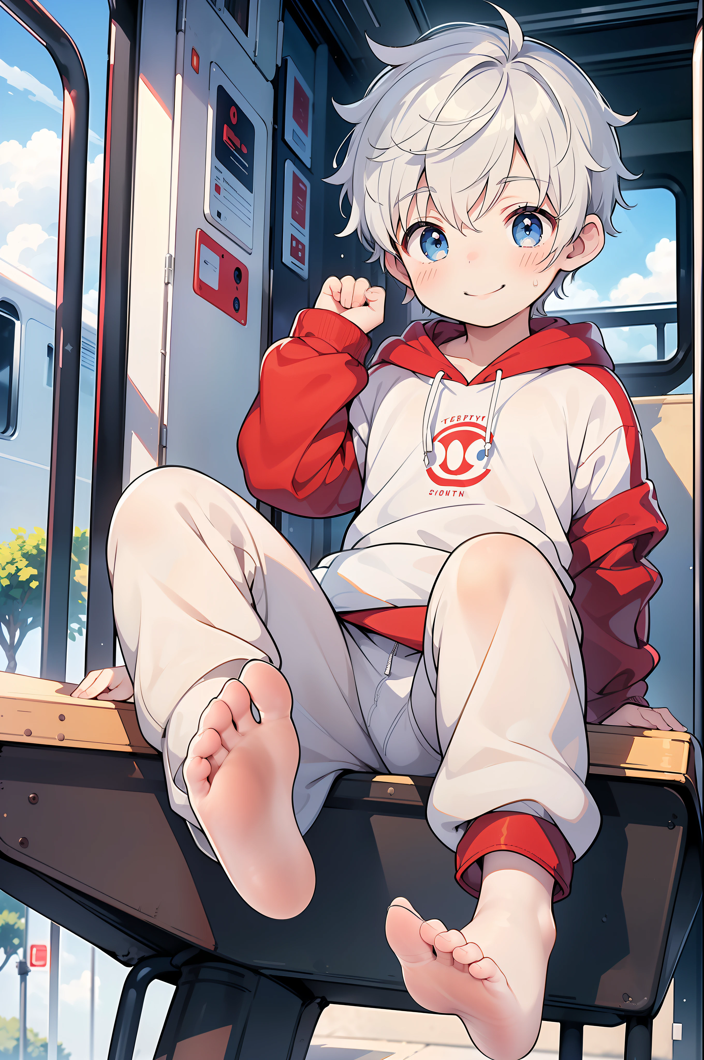 Masterpiece, chubby  boy with white hair and shiny bright blue eyes and barefoot wearing a hoodie, and oversized sweatpants sitting in a train, young, boy, child,l, toddsoft lit, (sweatpants:1.4), (Boy:1.4), (Shota:1.4), (Young:1.4), (Male:1.4), (smiling:1.4), (foot:1.4), (shy:1.4),