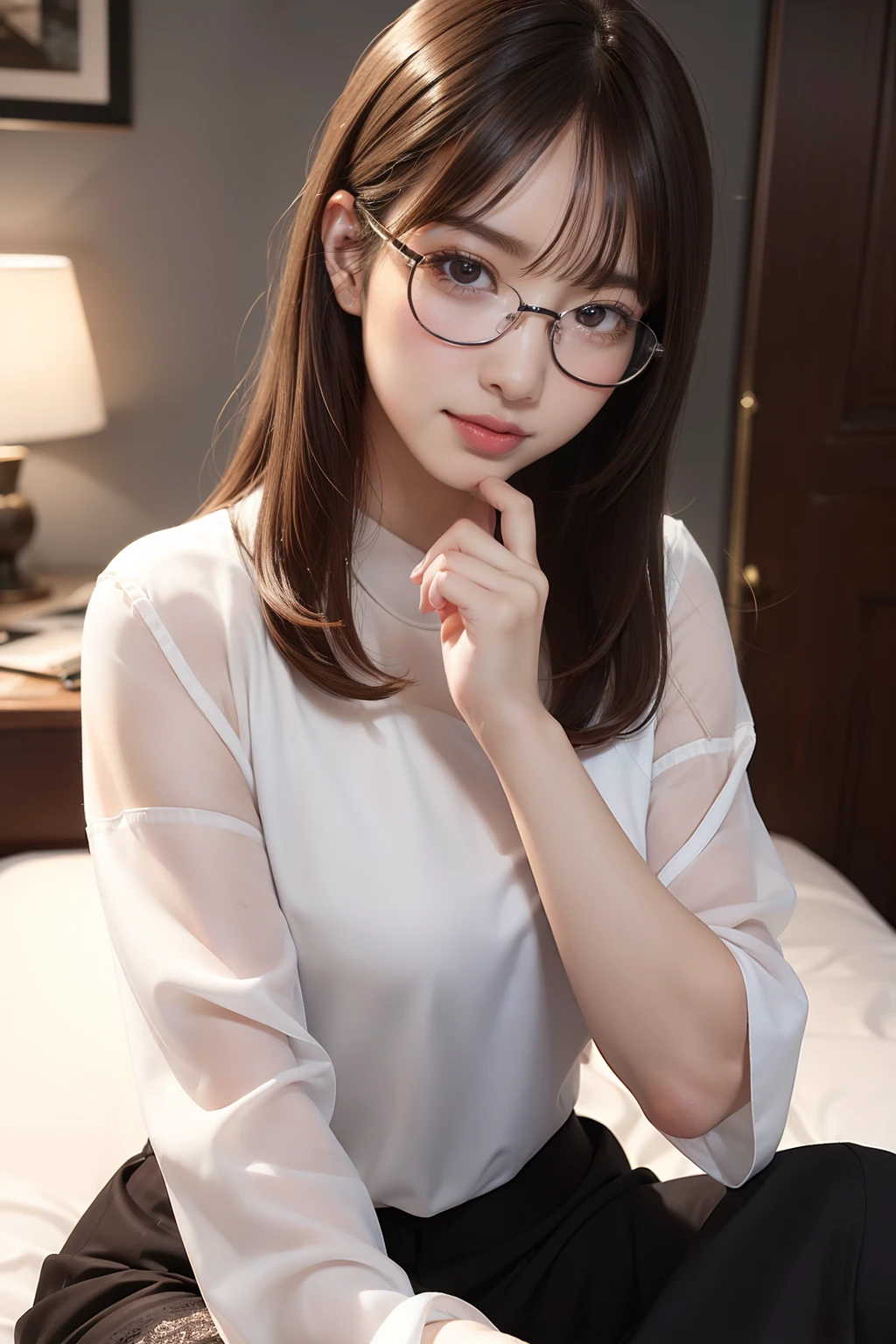 masterpiece、masterpiece、top-quality、top-quality、realisitic、Unity、8k壁纸、Official art、Highly detailed CG Unity 8k wallpaper、ulzzang-6500、(Original: 1.2)、(realisitic: 1.4)、ultra-detailliert、hight resolution、ultra-detailliert,magnifica, Pony tail、Sitting at a desk、study、(eye glasses)、((suits))、A smile、finely detail, lighting like a movie, (1girl in:1.4 ),Brown hair、straight haired、 (real looking skin:1.2), (light brown-skinned:1.2), Beautiful Girl Beautiful Details、extremely detailed eye and face、profile、look_up、(ighly detailed)、(Ultra clear skin pores)、(top-quality、masterpiece:1.3)、(looking at the spectator)、 1womanl、Beautiful woman、Pretty Woman、Woman with good style、Sexy Woman、Elegant woman、attractive girl、slender and balanced body、 ((Small beautiful ass))、((teats))、de pele branca、slick skin、smooth legs、Smooth hands、Smooth armpits、Smooth toe、Smooth fingers、Beautiful and well-groomed face、White face、beautidful eyes、(Detailed black eyes)、Beautiful mouth、(a closed mouth)、Pink lips、Brown hair、No hair ornament、 Colossal tits、Soft udder