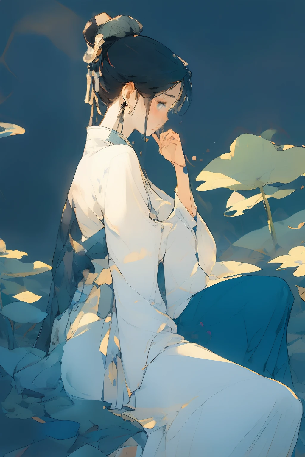 Ancient Chinese beauties sit on stones,wearing ancient Chinese costume,Flowing tulle,Light silk,Lazy posture,large lotus leaf,lotuses,Ink painting style,clean color,Decisive cut,Leave white space,impressionistic,tmasterpiece,ultra-detailliert,Epic composition, high qulity, HighestQuali, 4k long blue hair --v 6