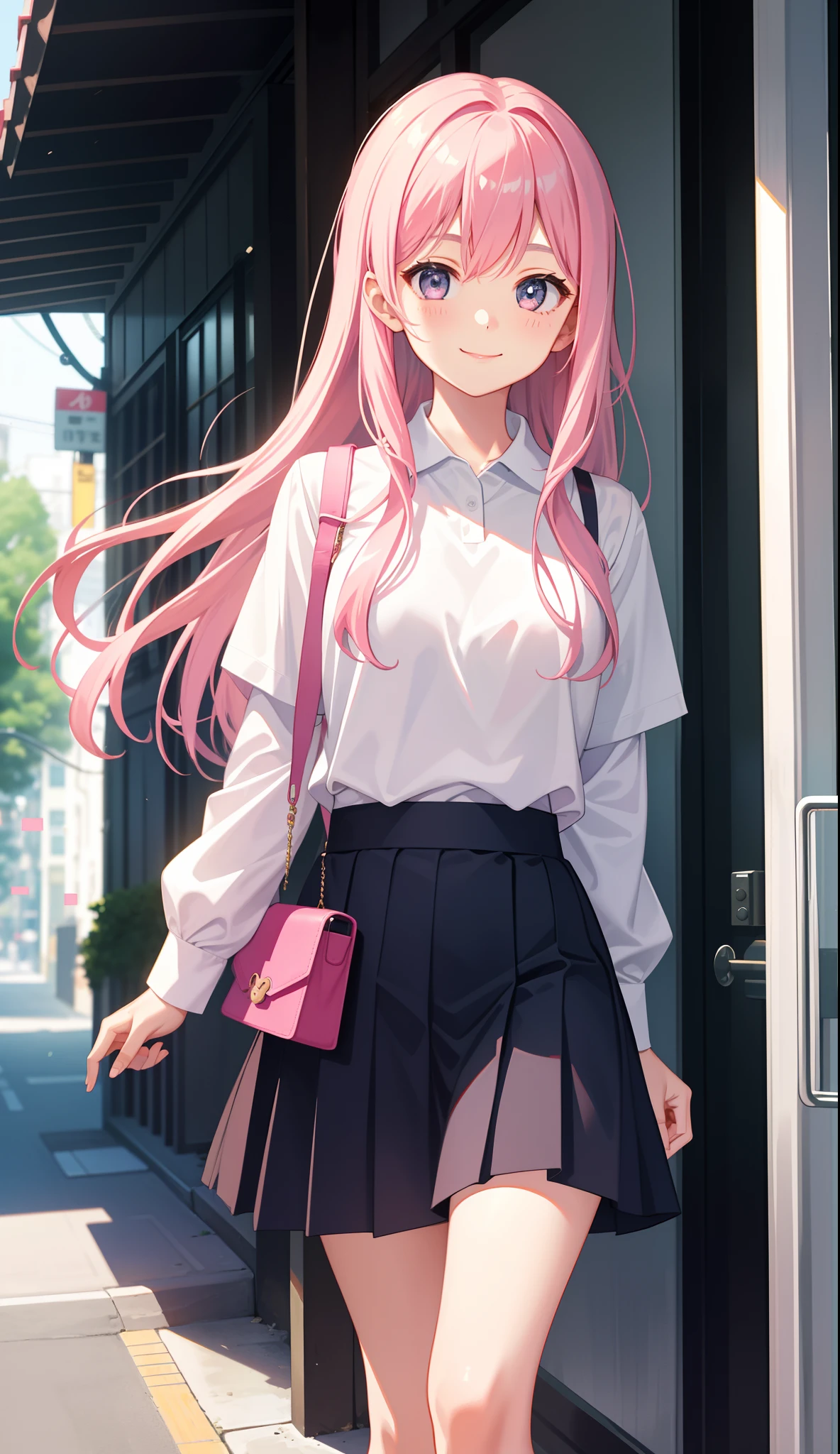 1girl in、A smile、A delightful! The shirt、skirt by the、Pink hair(small tits)