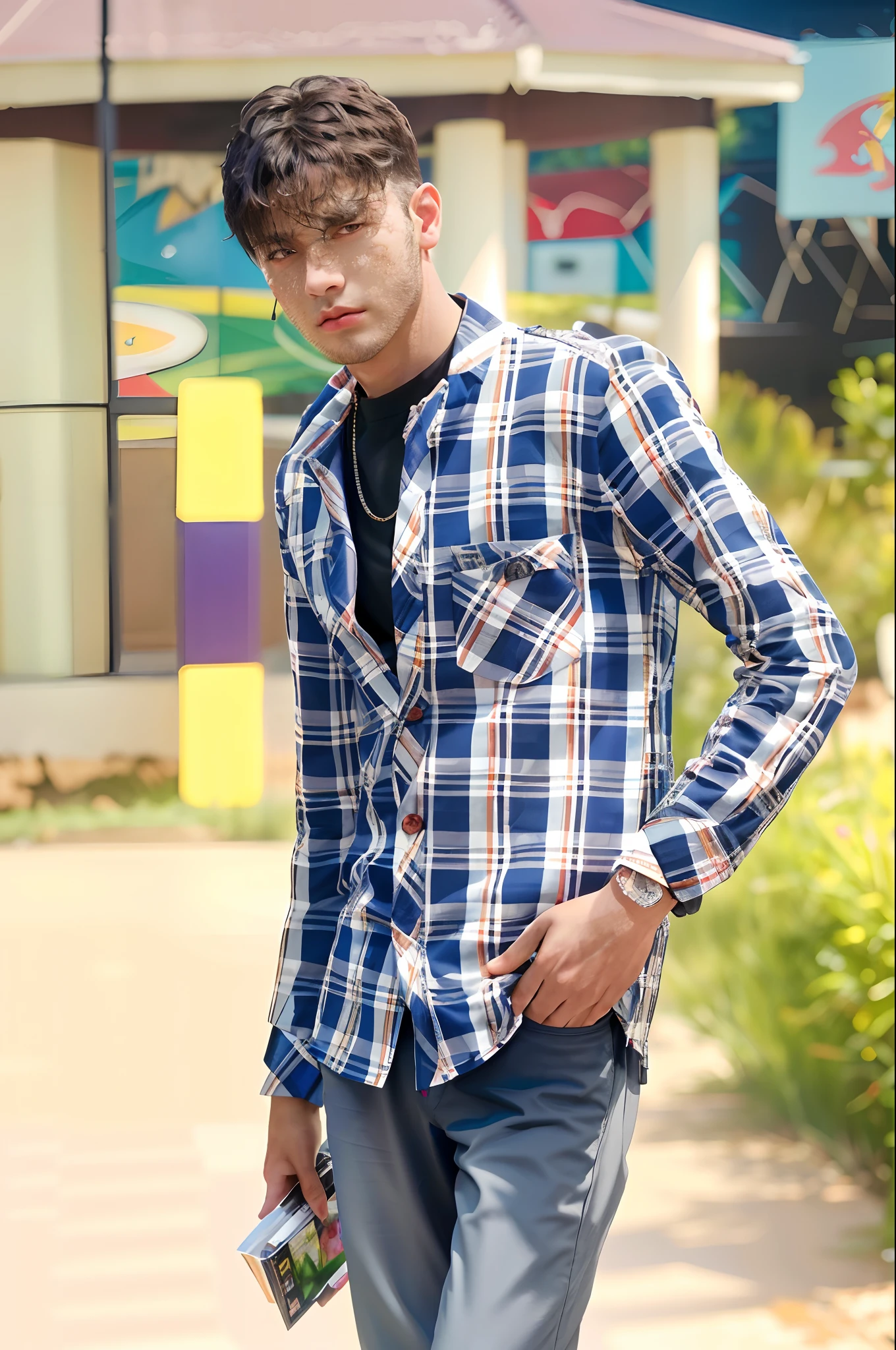 best quality, masterpiece, 1boy, Beautifully face, (photo realistic:1.3), rim lighting, (high detailed skin:1.2), 8k uhd, dslr, high quality, high resolution, 4k, 8k, Bokeh, absurdres, best ratio four finger and one thumb, (realistic:1.3), handsam 1boy, wearing black formal blazer, medium breasts, short skirt,