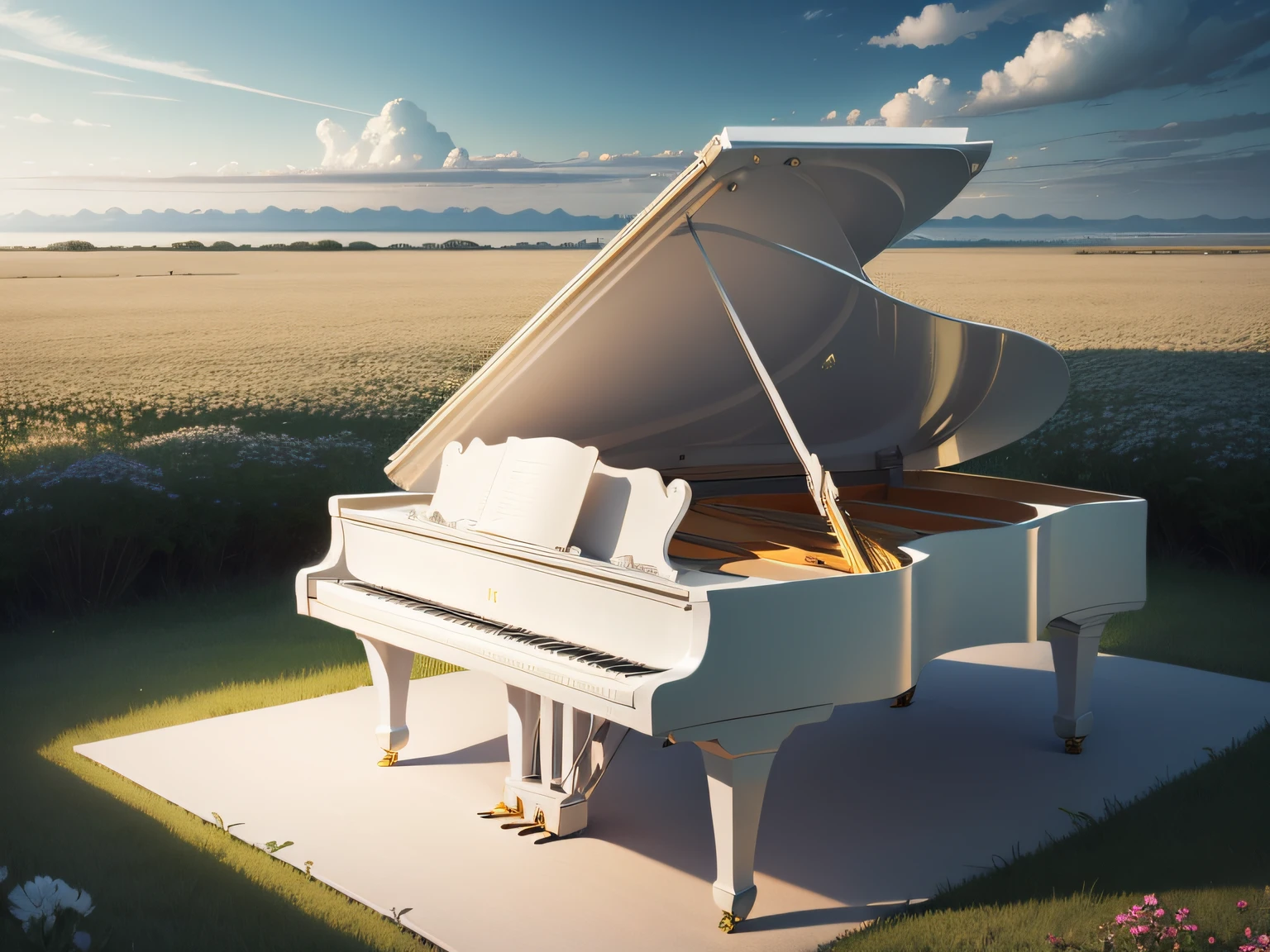 White piano, outside, , flower sea, The piano is far away, Endless savannah, There is no house