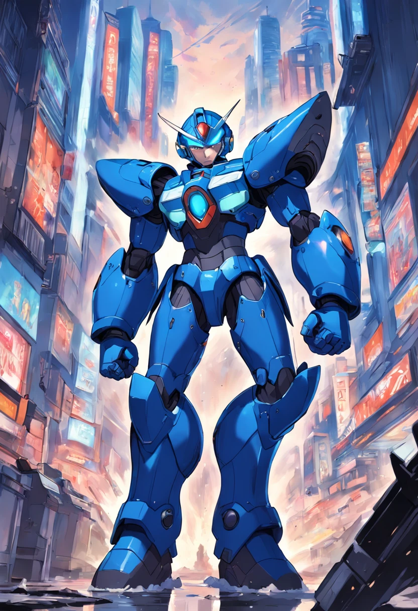 Megaman X, 7 foot tall robot, full blue armor, full blue helm but open mouth area, large size blue boots up to knee, running at view, large arm weapon aim at view
