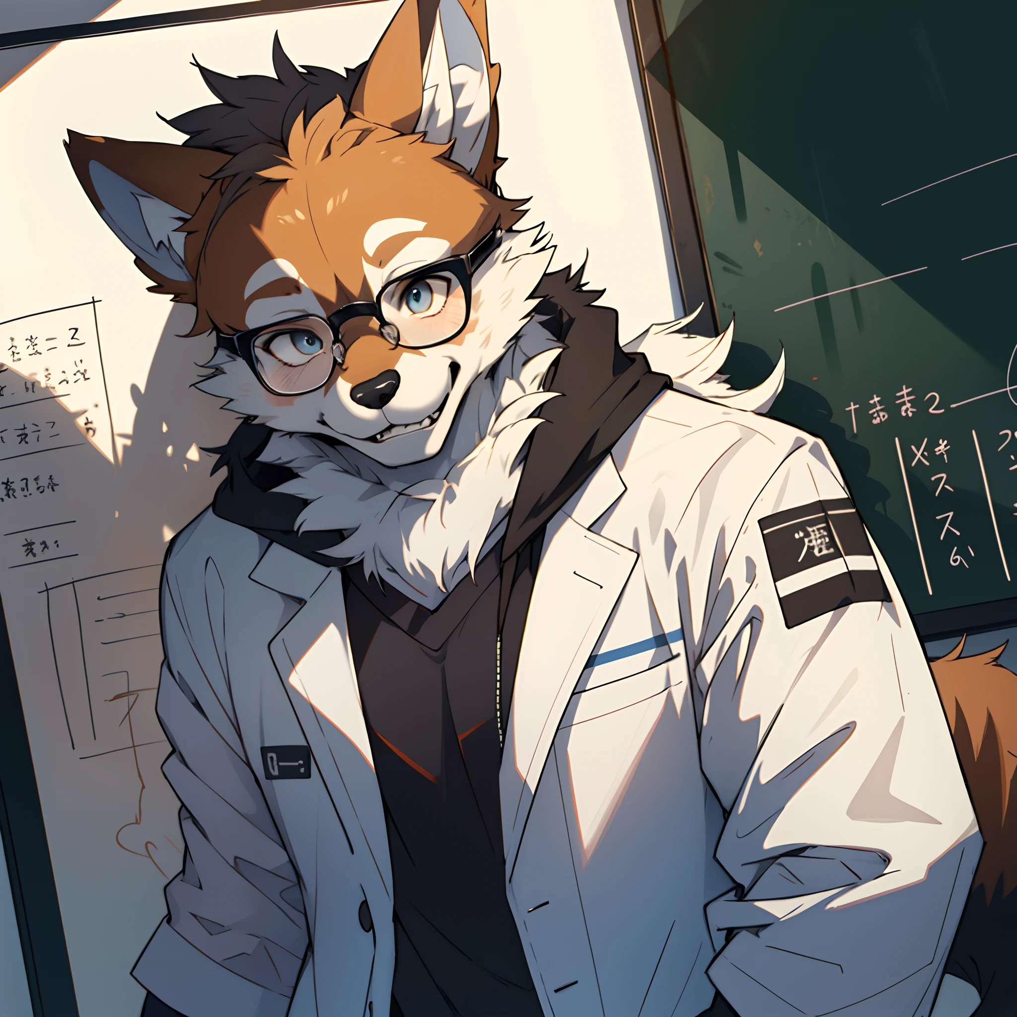 highres, paid reward available, unparalleled masterpiece, street(highly detailed beautiful face and eyes)absurdres, perfect anatomy, good lighting, volumetric lighting, cinematic shadow(angelic handsome 1boy, kemono, solo focus, single, Smiling embarrassedly, glasses)(furry anthro:1.7)(Furry body, dog facial features, dog body features)(very detailed body fur)Handouts((college professor))Dirty lab coat, class, Difficult formulas, white board,