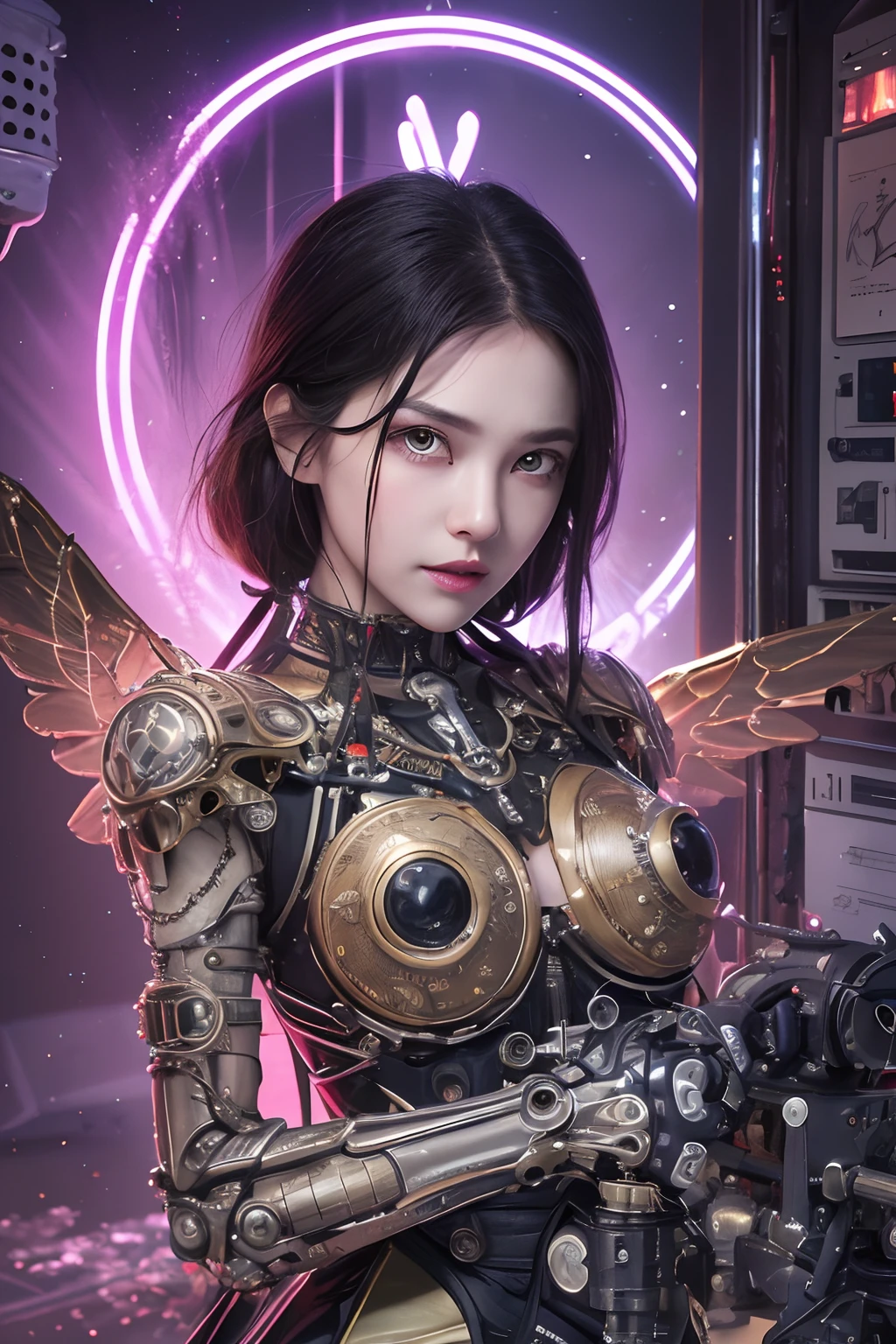 top-quality、masterpiece、超A high resolution、(Photorealsitic:1.4)、Raw photo、1人、Black hair、glowy skin、(1. Cyborg Angel)、Shining Angel Circle、((super realistic details))、portlate、globalillumination、Shadow、octan render、8K、ultrasharp、Colossal tits、Raw skin is exposed in cleavage、metals、Details of complex ornaments、Steampunk details、vacuum tubes、Nixie Kan、Oil pressure gauge、Glass Kan、Analog Meter、gear wheel、gear、Hydraulic cylinder、highly intricate detail、Realistic light、a purple eye、radiant eyes、Facing the camera、neon details、Mechanical limbs、blood vessels connected to tubes、Mechanical vertebrae attached to the back、mechanical cervical attaching to neck、sitting on、Wires and cables connecting to the head、Small LED lamp、Sumerian details、