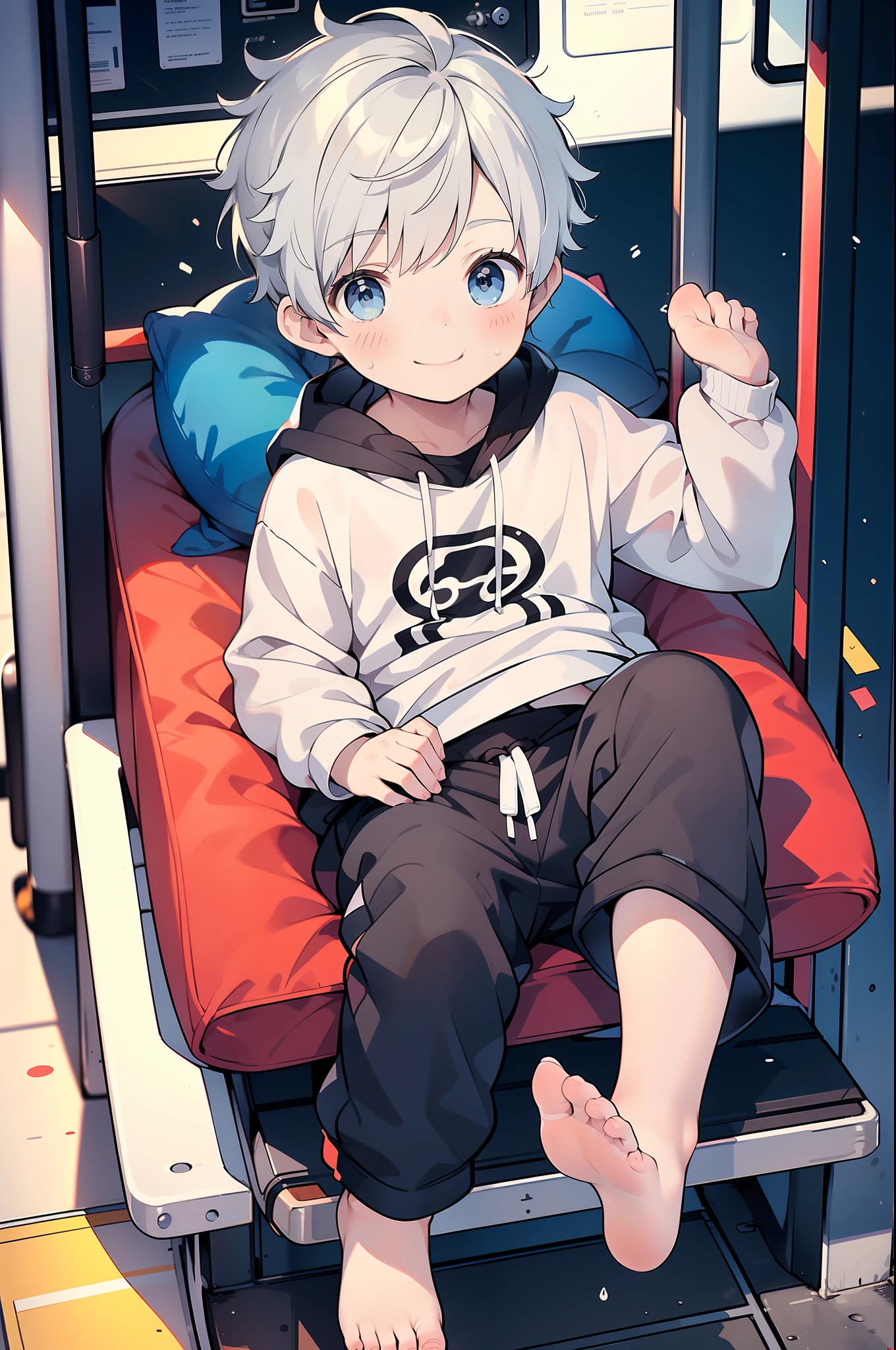 Masterpiece, chubby ********** with white hair and shiny bright blue eyes and barefoot wearing a hoodie, and oversized sweatpants sitting in a train, young, boy, child, small, toddler, soft light, (sweatpants:1.4), (Boy:1.4), (Shota:1.4), (Young:1.4), (Male:1.4), (smiling:1.4), (foot:1.4), (shy:1.4),