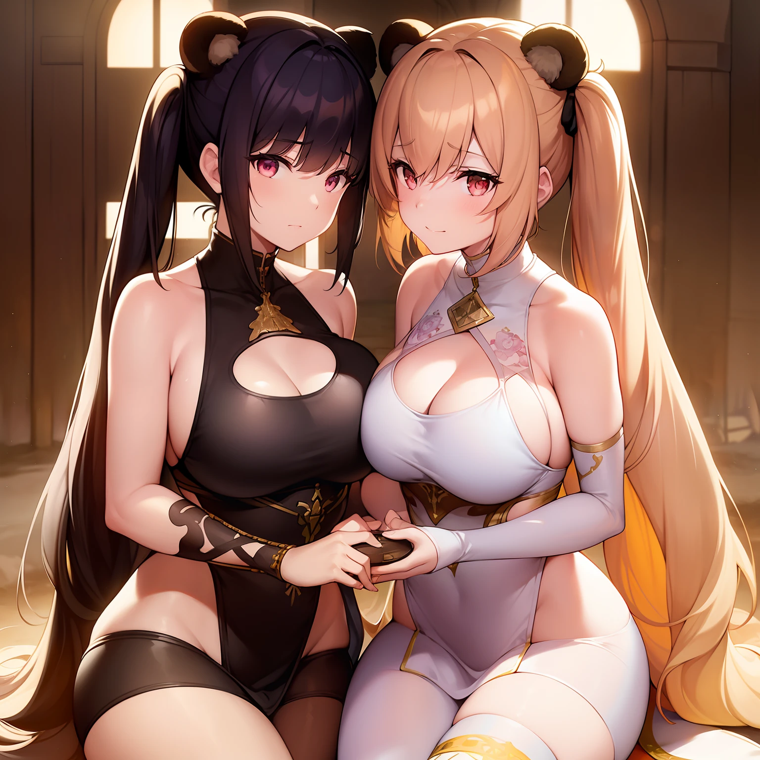 In the hot desert、She with black twin-tails and peach-colored twin-tailed girlfriends that fit together very innocently,The hair of the two is a big twin tail,Her hair on the left is black twin tails,Her hair color on the right is pink twin tails,The body wears a panda costume, Bamboo leaves enveloped me like a snake, Highest Quality, Behind the desert there are oases and lighthouses, ((Laughing)), Lens Flare, A desert, The glow of the sun, ((light glow)), chromatic abberation], Jeremy Lipking, Antonio J. Manzanedo, in door (Alphonse Mucha), Digital Painting, Insane details, Intricate details, Beautifully color graded, Unreal Engine, Cinematic , colour grading, Editorial Photography , Photography, Photo Shot, Shot on 70mm lens, depth of fields, degrees of freedom, Tilt Blur, Shutter Speed 1/1000, F/22