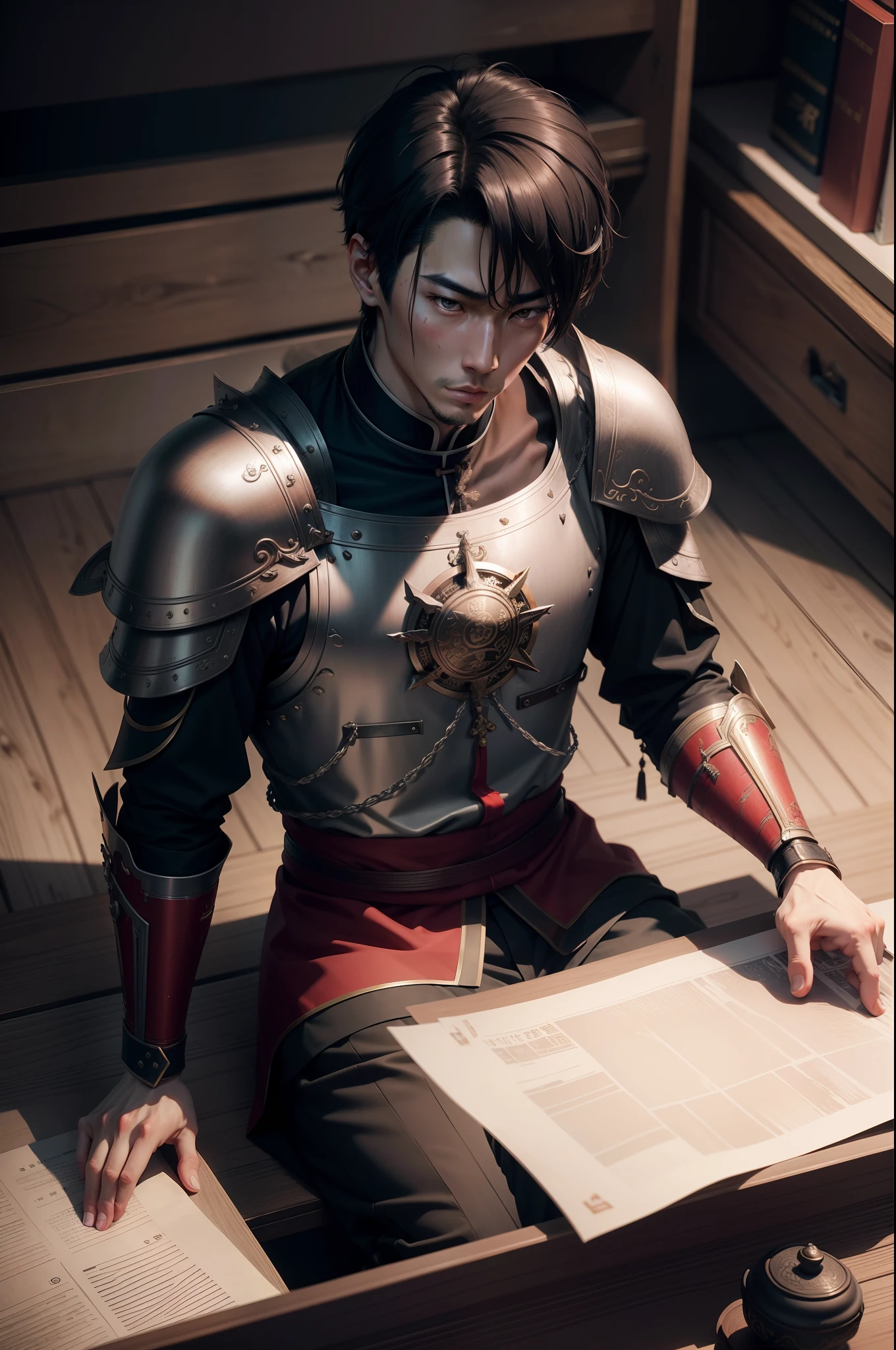 realistic 8k image of an oriental man, chinese features, short hair, 25 years old, wounded face, dressed in dark clerical attire and silver shoulder pads, sitting in an interrogation room, behind a desk, cold expression, anime-style art