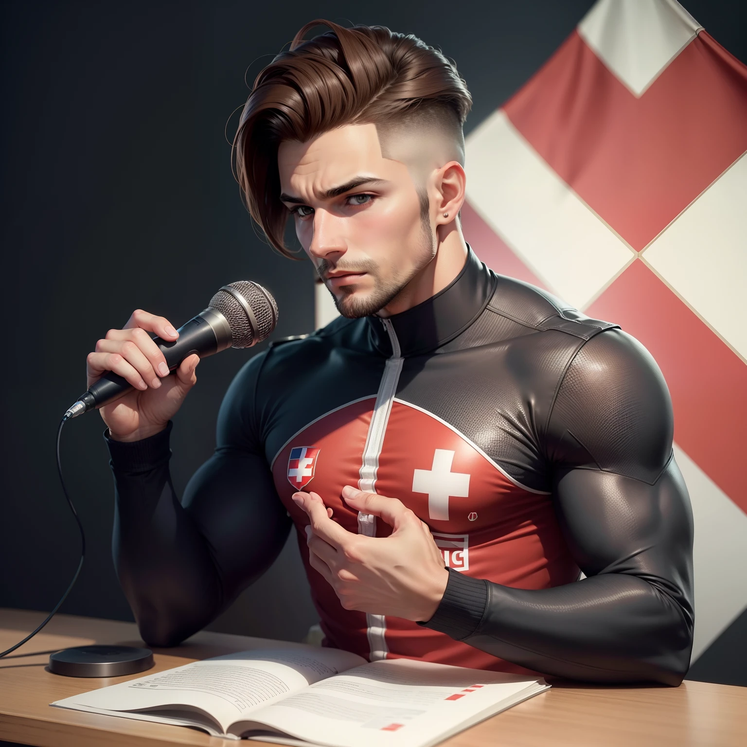 Criar um homem magro, com cabelo cortado na lateral, giving a lecture with a microphone in hand, showing on a screen a design Instagram and a flag of Switzerland