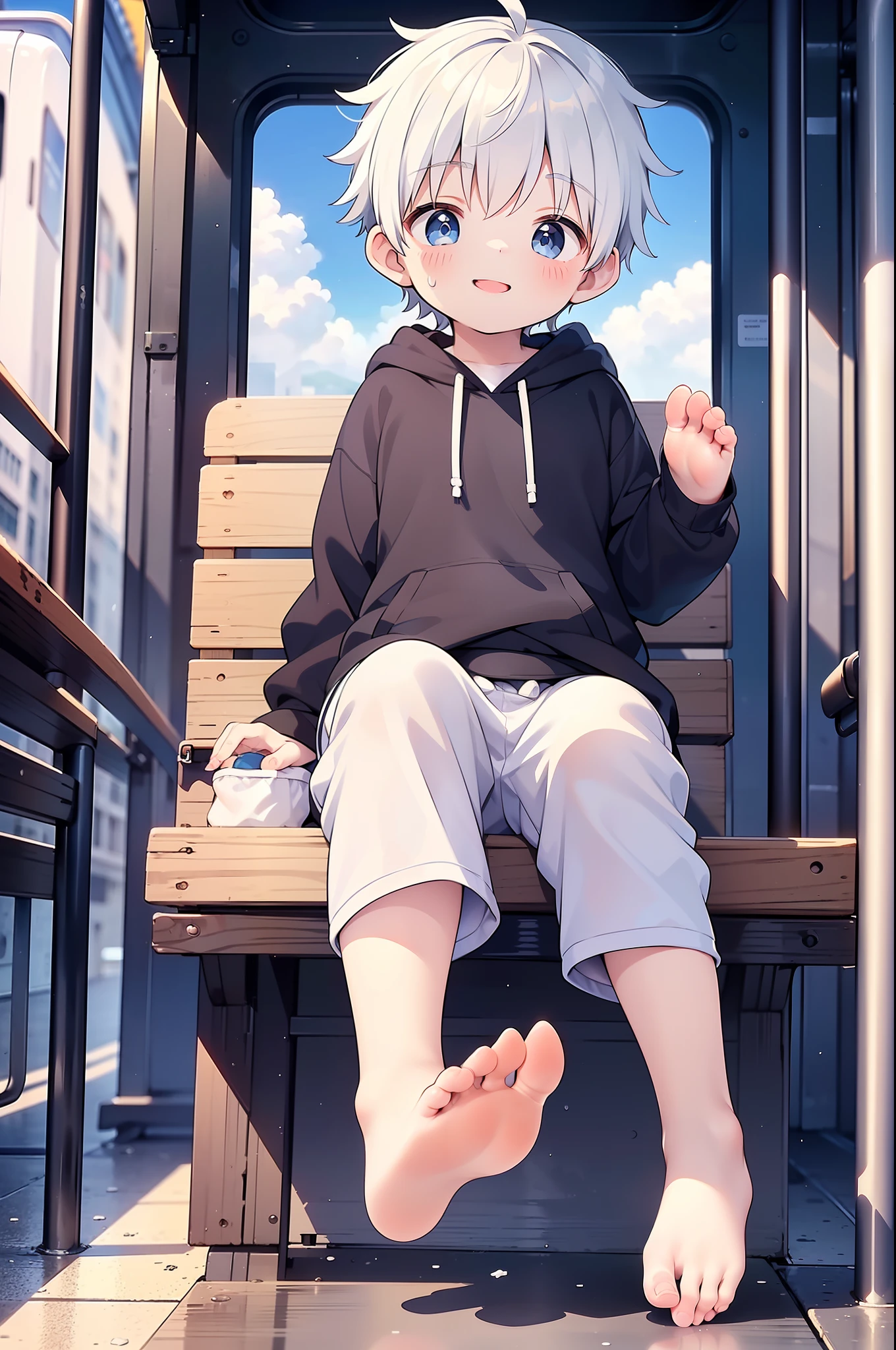 Masterpiece, chubby ********** with white hair and shiny bright blue eyes and barefoot wearing a hoodie, and oversized sweatpants sitting in a train, young, boy, child, small, toddler, soft light, (sweatpants:1.4), (Boy:1.4), (Shota:1.4), (Young:1.4), (Male:1.4), (smiling:1.4), (foot:1.4), (shy:1.4),