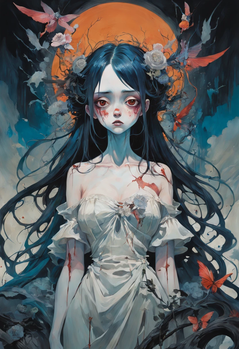 There is ugliness in beauty, But there is also beauty in ugliness. Peintre. In the style of Adrian Ghenie, Esao Andrews, Jenny Saville, Edward Hopper, surrealism, Dark Art par James Jean, Takato Yamamoto, Minimalisme inkpunk. Tim Burton. Cadavre Bride (Corpse bride). Famille Addams.