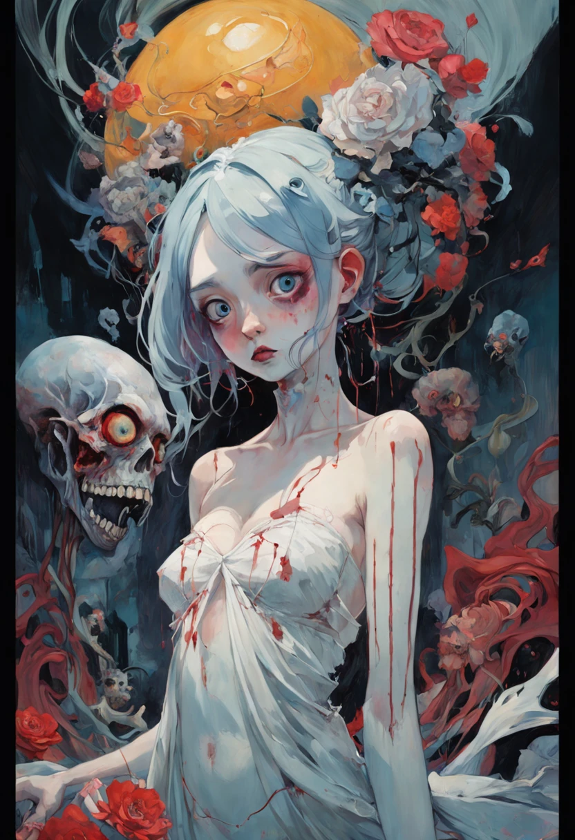 There is ugliness in beauty, But there is also beauty in ugliness. Peintre. In the style of Adrian Ghenie, Esao Andrews, Jenny Saville, Edward Hopper, surrealism, Dark Art par James Jean, Takato Yamamoto, Minimalisme inkpunk. Tim Burton. Cadavre Bride (Corpse bride). Famille Addams.