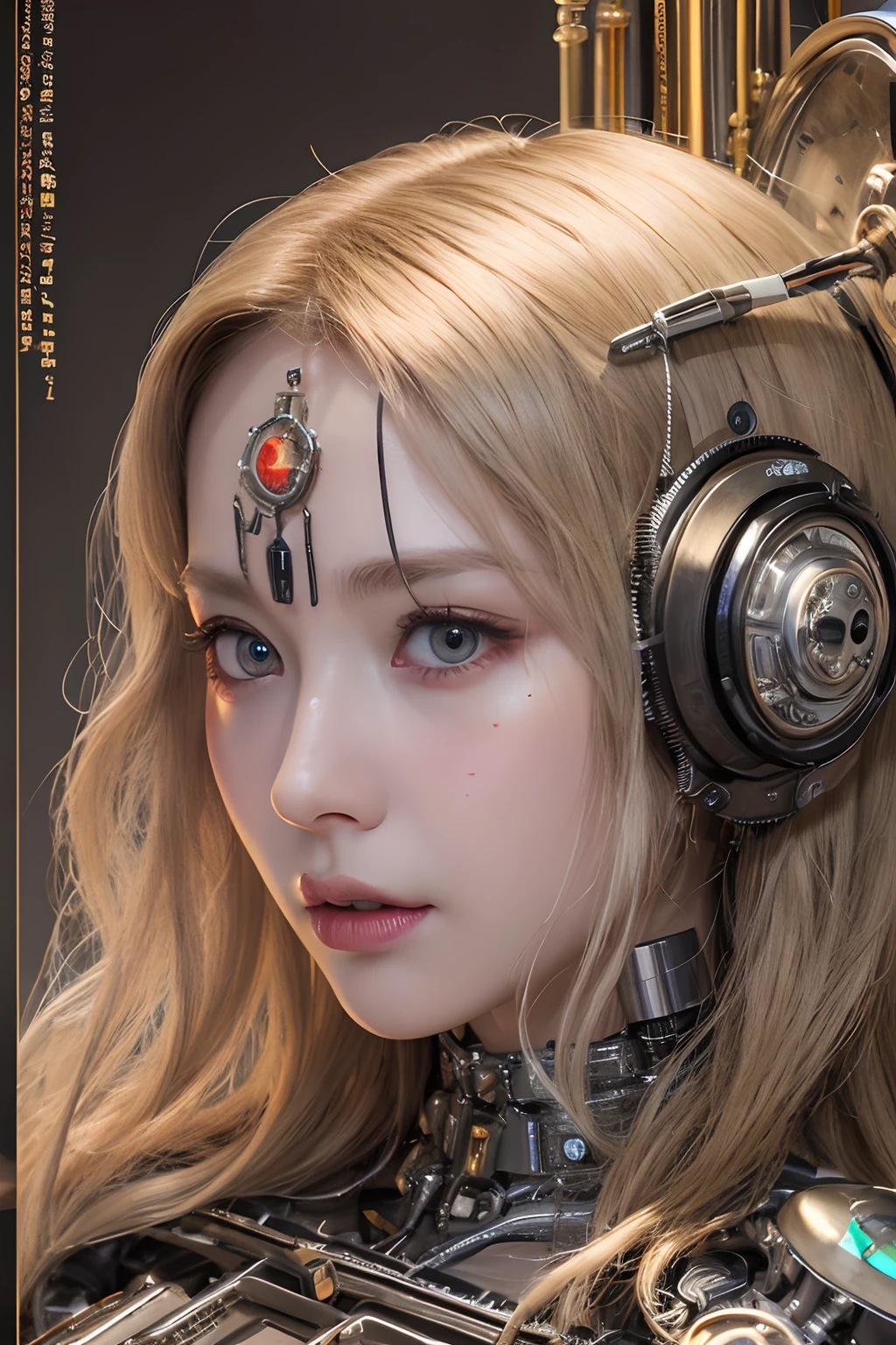 top-quality、masterpiece、超A high resolution、(Photorealsitic:1.4)、Raw photo、1人、blondehair、glowy skin、(1. Cyborg Angel)、Shining Angel Circle、((super realistic details))、portlate、globalillumination、Shadow、octan render、8K、ultrasharp、Colossal tits、Raw skin is exposed in cleavage、metals、Details of complex ornaments、Steampunk details、vacuum tubes、Nixie Kan、Oil pressure gauge、Glass Kan、Analog Meter、gear wheel、gear、Hydraulic cylinder、highly intricate detail、Realistic light、a purple eye、radiant eyes、Facing the camera、neon details、Mechanical limbs、blood vessels connected to tubes、Mechanical vertebrae attached to the back、mechanical cervical attaching to neck、sitting on、Wires and cables connecting to the head、Small LED lamp、Sumerian details、