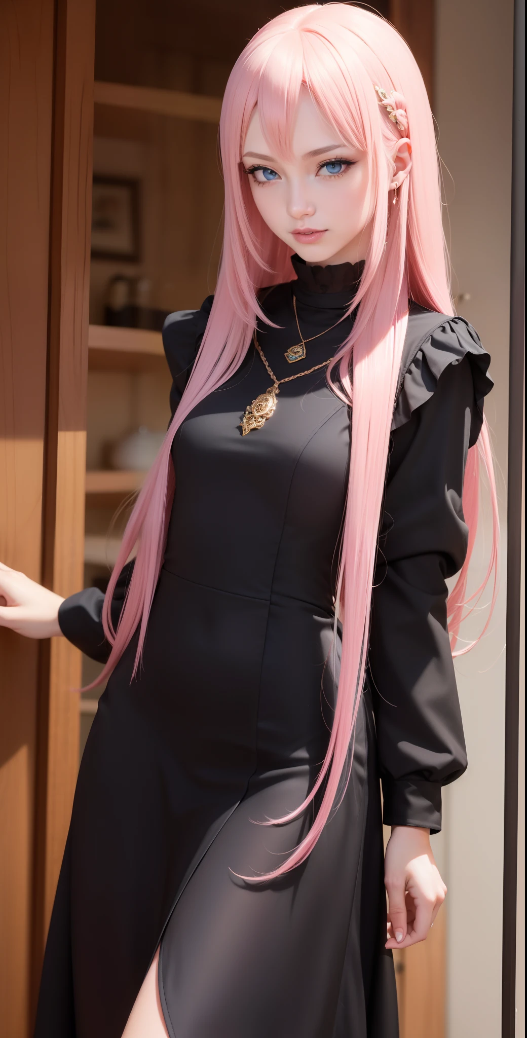 masterpiece, top-quality, Adults, different color, finely eye and detailed face, intricate detailes, Wizarding World Costumes((A black)), Inside the coffee shop, During the walk, A smile, Happiness, tenderness, youthfulness, high-level image quality、 Beautuful Women、tall、window、𝓡𝓸𝓶𝓪𝓷𝓽𝓲𝓬、Englishman, Idol Photos, k pop, Professional Photos, the witch, Fedoman with necklace, inspired by Sim Sa-jeong, Androgynous witch, :9 detailed face: 8, extra detailed face, detailed punk hair, ((Light blue eyes)) baggy eyes, Seductive. Highly detailed, semi realistic anime, Vampires, hyperrealistic , Delicate androgynous princess, imvu, Woman with long hair, Gentle smiling woman, Sexy and cool face, glamor, sexypose, ((Woman with pretty long pink hair and light blue eyes)),