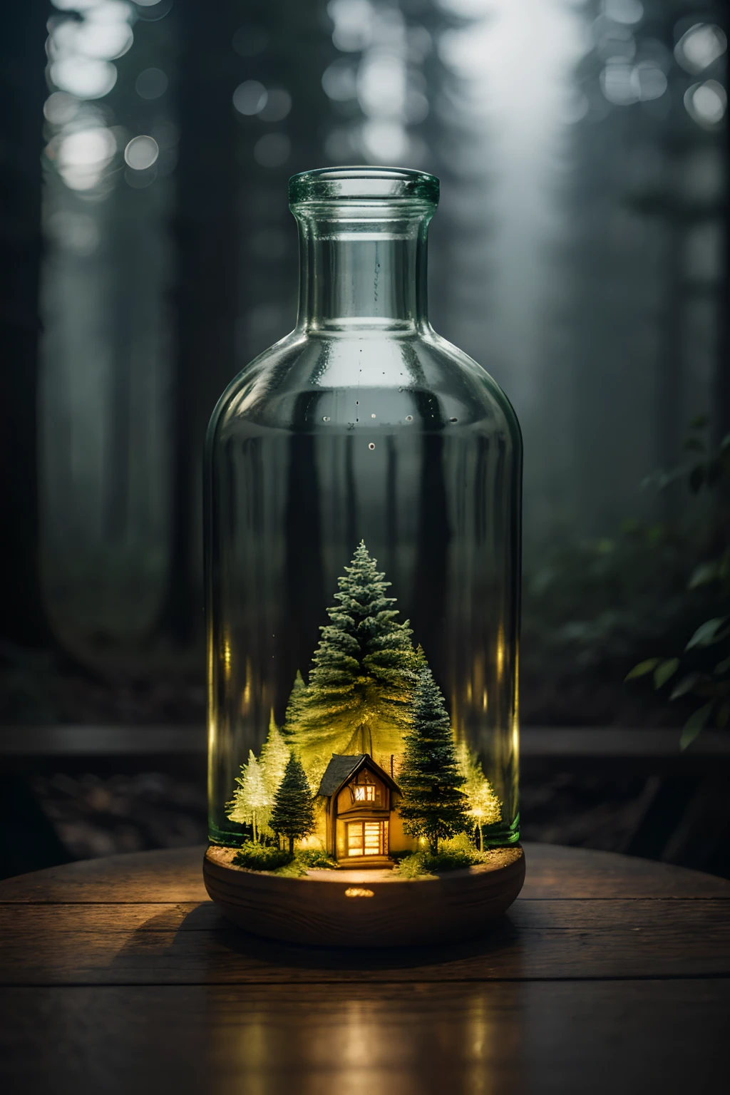 (Intricate forest mini town landscape trapped in a bottle), Atmospheric Oliva lighting, On a table, 4K ultra HD, Dark vibes, ultra - detailed, Bright colors forest background, Epic composition, rendering by octane, Sharp focus, High-resolution isometrics