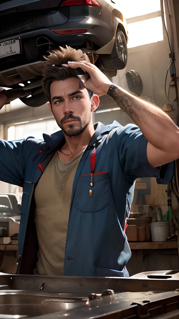 "a mechanic in a workshop, with the open hood of a car. The mechanic is performing an oil change, carefully pouring the oil into the open engine cover" --auto