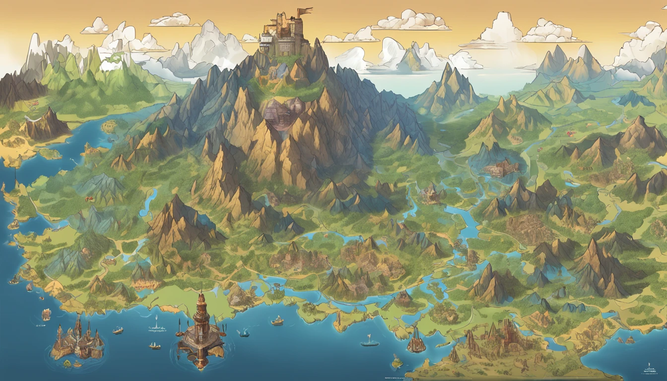 The continent is divided into 5,island country,neighborhood,intensive,game map, Hyrule, Ancient Fantasy Regional Map, Highly detailed map,Detailed Map, Height Map,world map、Isekai Map、Map of the Kingdom、Otherworldly Adventure、mountains and rivers、K HD、meticulous、Ground View、Spread up,Pixel art