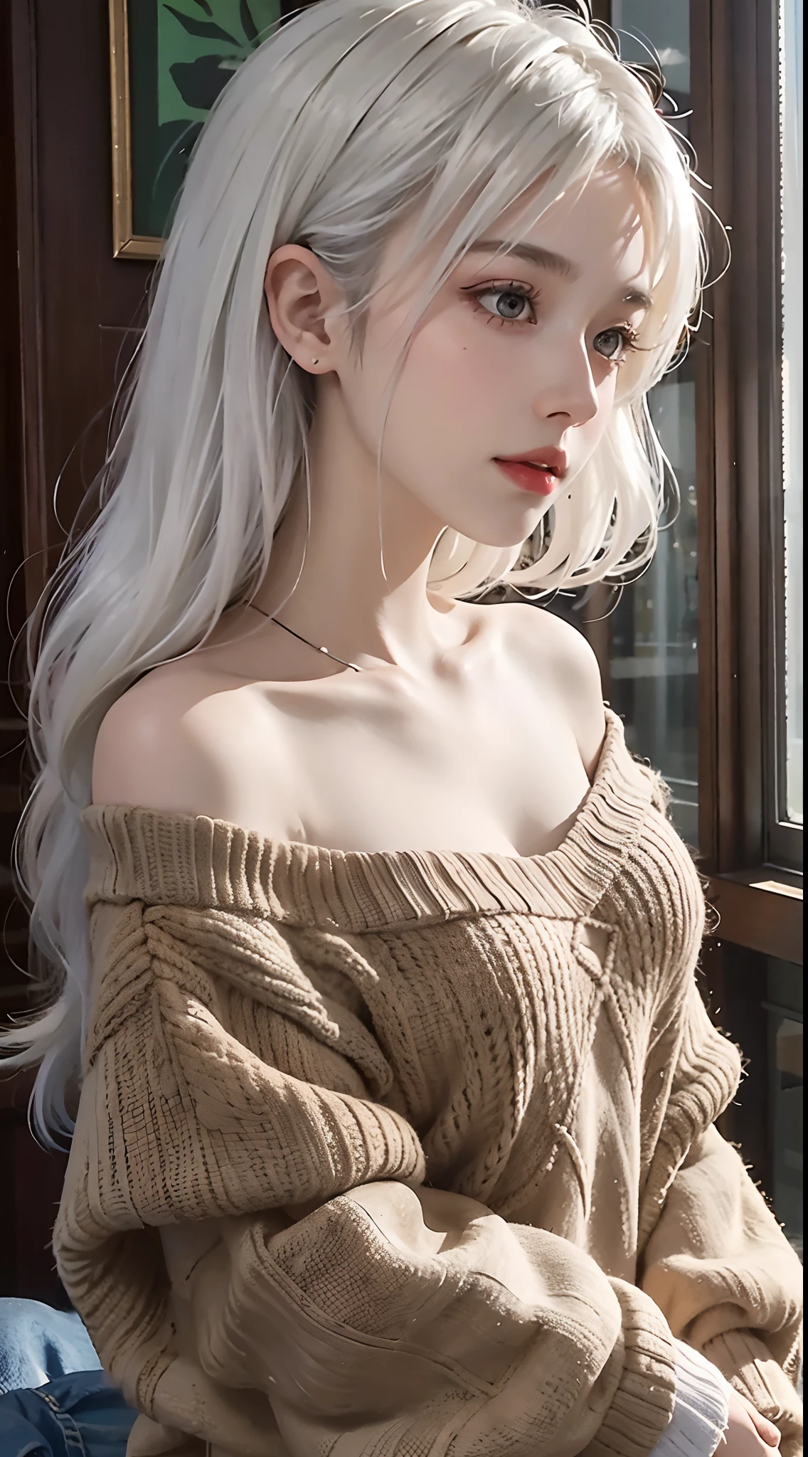 mid-shot, a beautiful woman looking into camera, white hair, off shoulder sweater by Chris Foss autumn lights