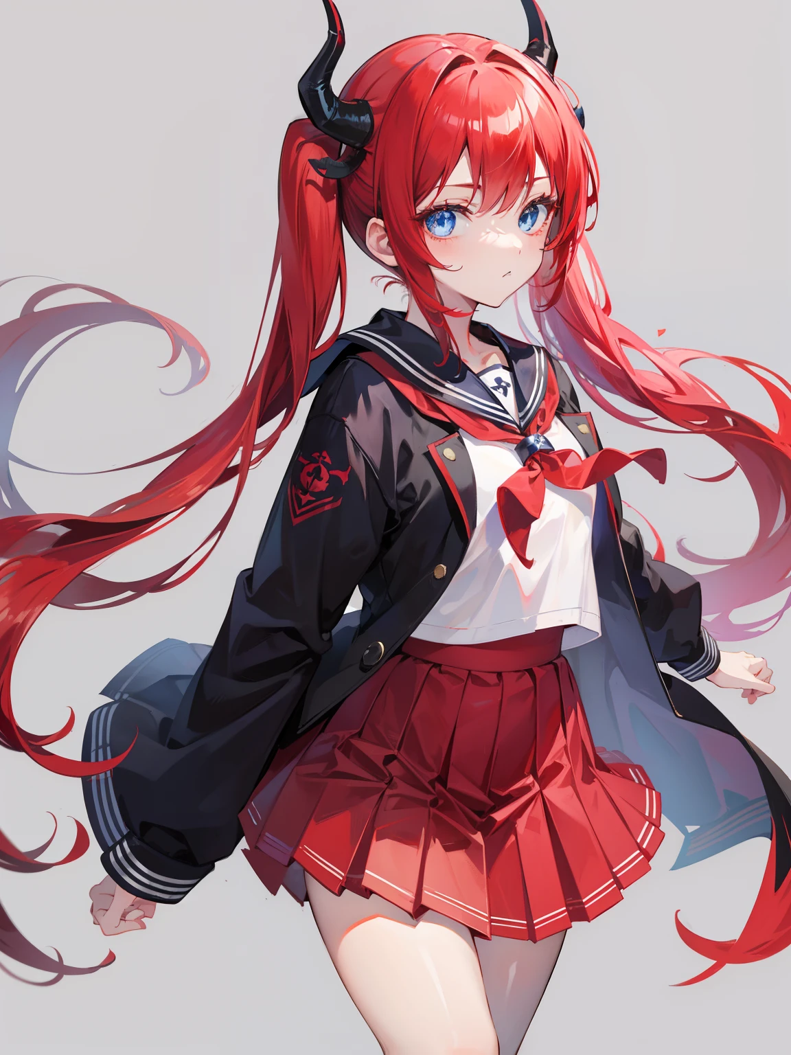 red hair, blue eyes, twintails, Sailor suit,black coat, Dragon horns,Pleated skirt,solo,loli,cute,bow