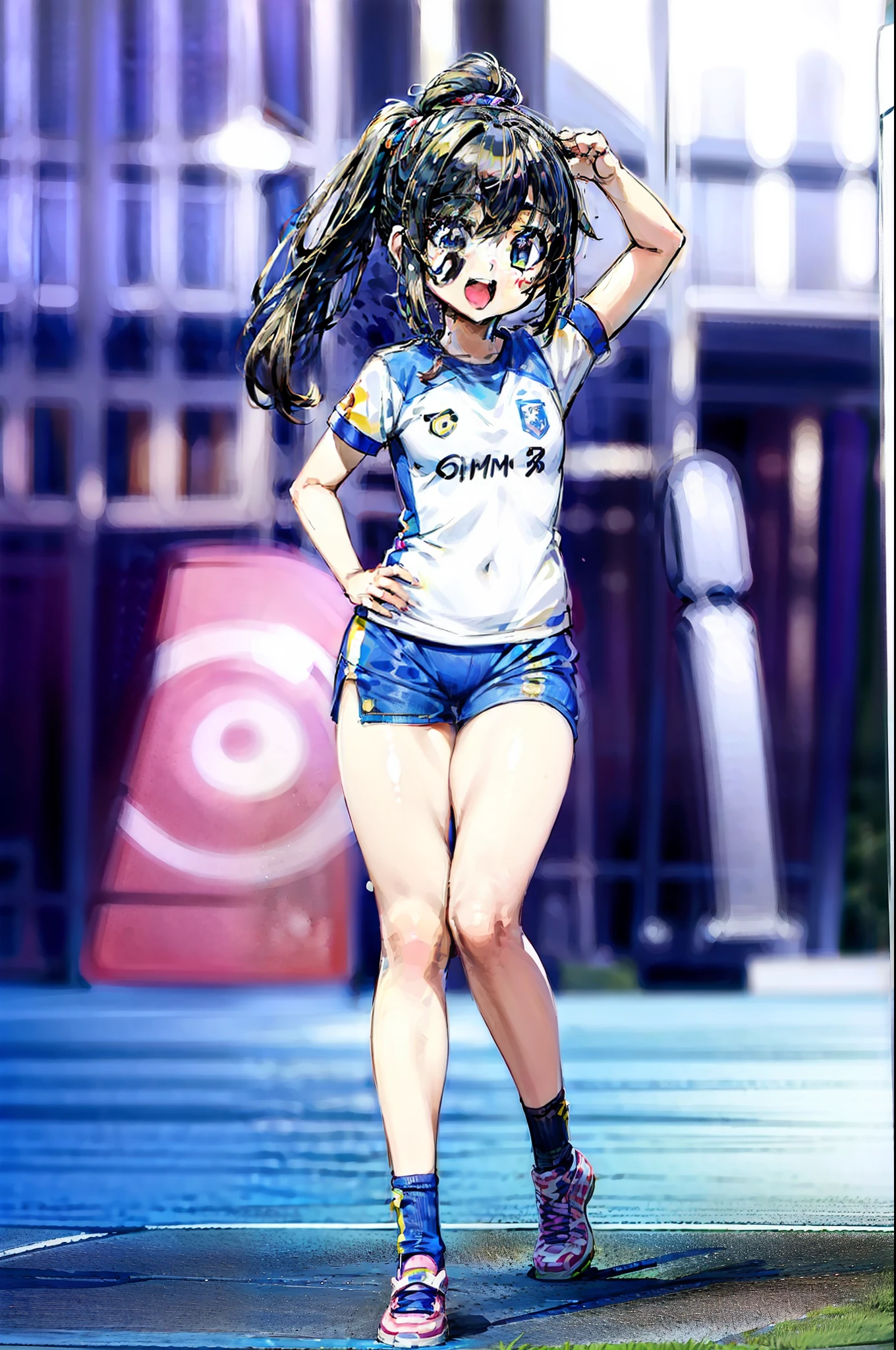 Blue,White,group shot:1.7,baseball stadium,Panty drop:1.5,Clothing with tiger printed on it,tubetops,Underboobs,ponytail,cheerleader, stadium, team spirit, pom-poms, enthusiastic, energetic, crowd, uniform, sports event, cheering, colorful, dynamic pose, happy, vibrant, teamwork, celebration, night game, lights, action