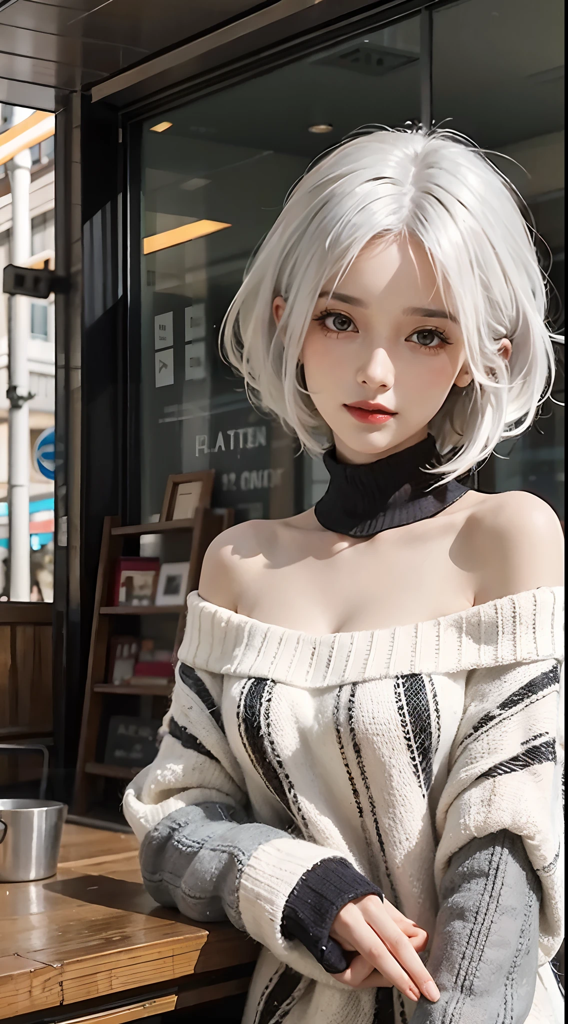 Medium Shot Shot, A beautiful woman looks at the camera, White hair, Chris Foss autumn off-the-shoulder sweater