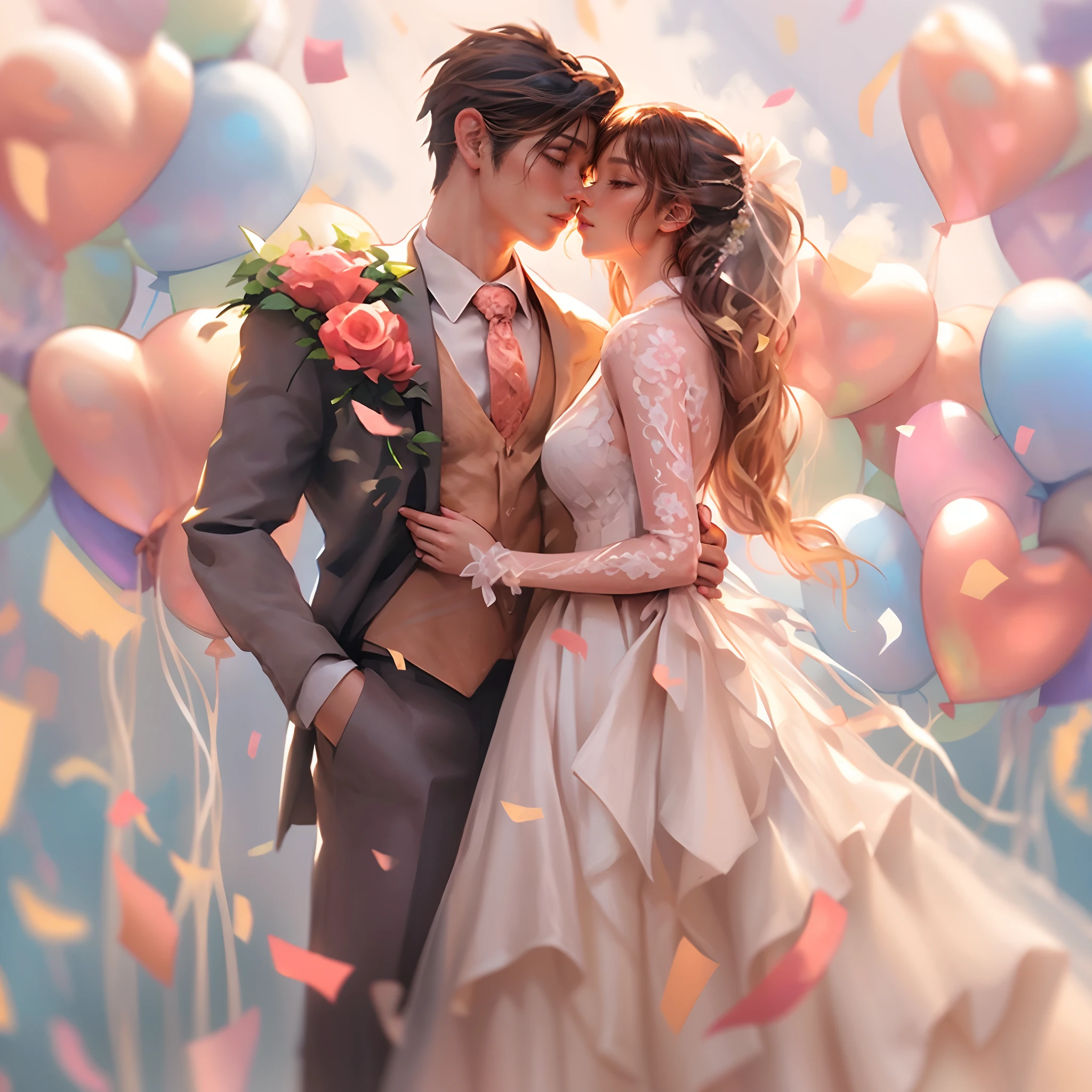 cinematic angle,( Lovely couple are Kissing,anatomically correct,full body,Masterpiece roses AND tuli,Masterpiece Wedding dress,),(illustration,paper art,a 3D render),(extremely colorful, Best quality, high detailed, Masterpiece, Cinematic Lighting, 4K, Chiaroscuro)