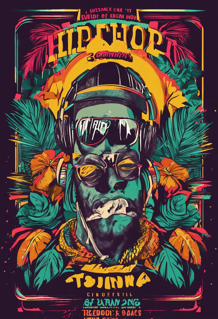 cartaz de evento de hip hop, contempporaneo, usando cores tropicais, abacaxi, microfone , coroa dourada
