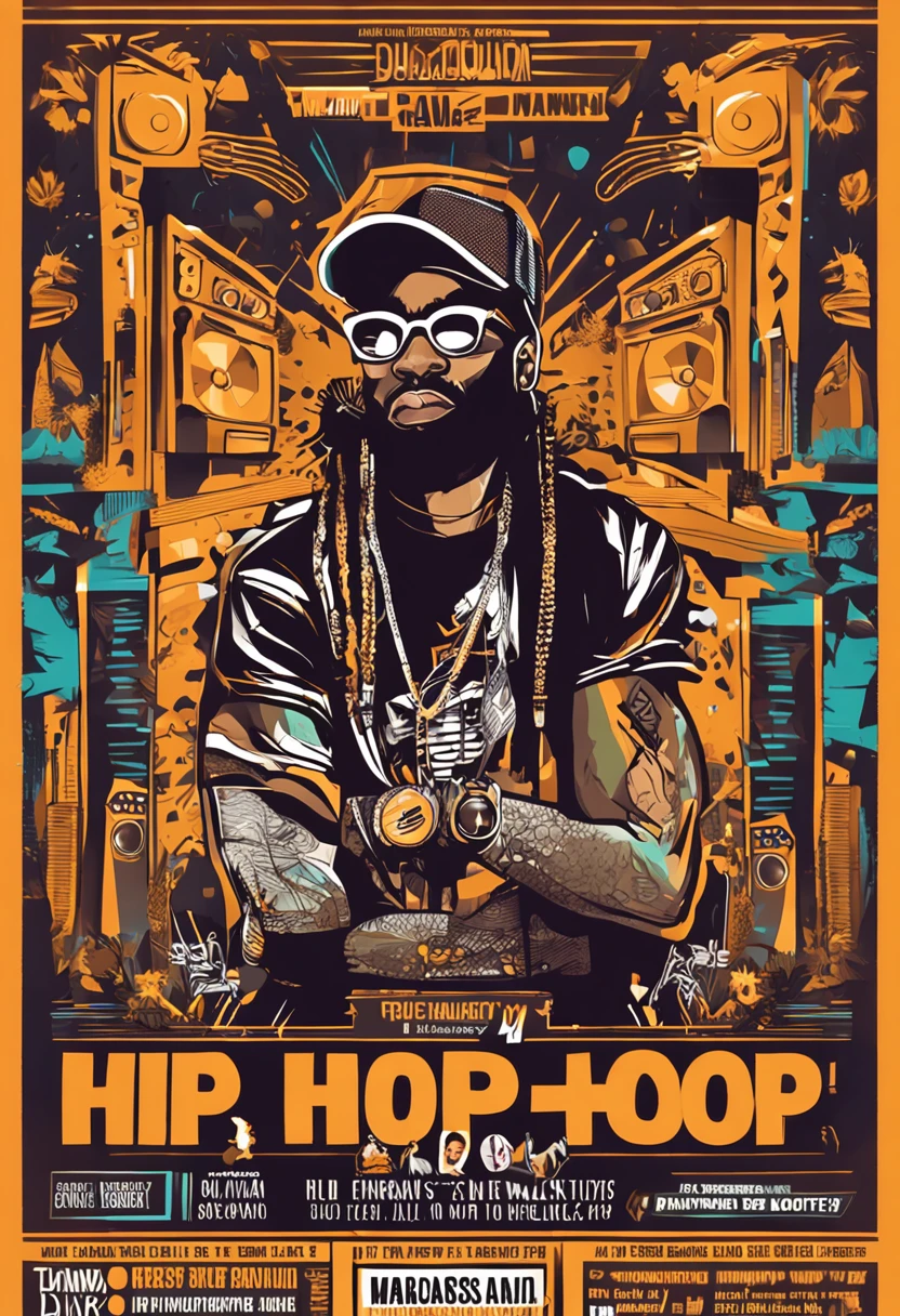 cartaz de evento de hip hop, contempporaneo, usando cores tropicais, abacaxi, microfone , coroa dourada