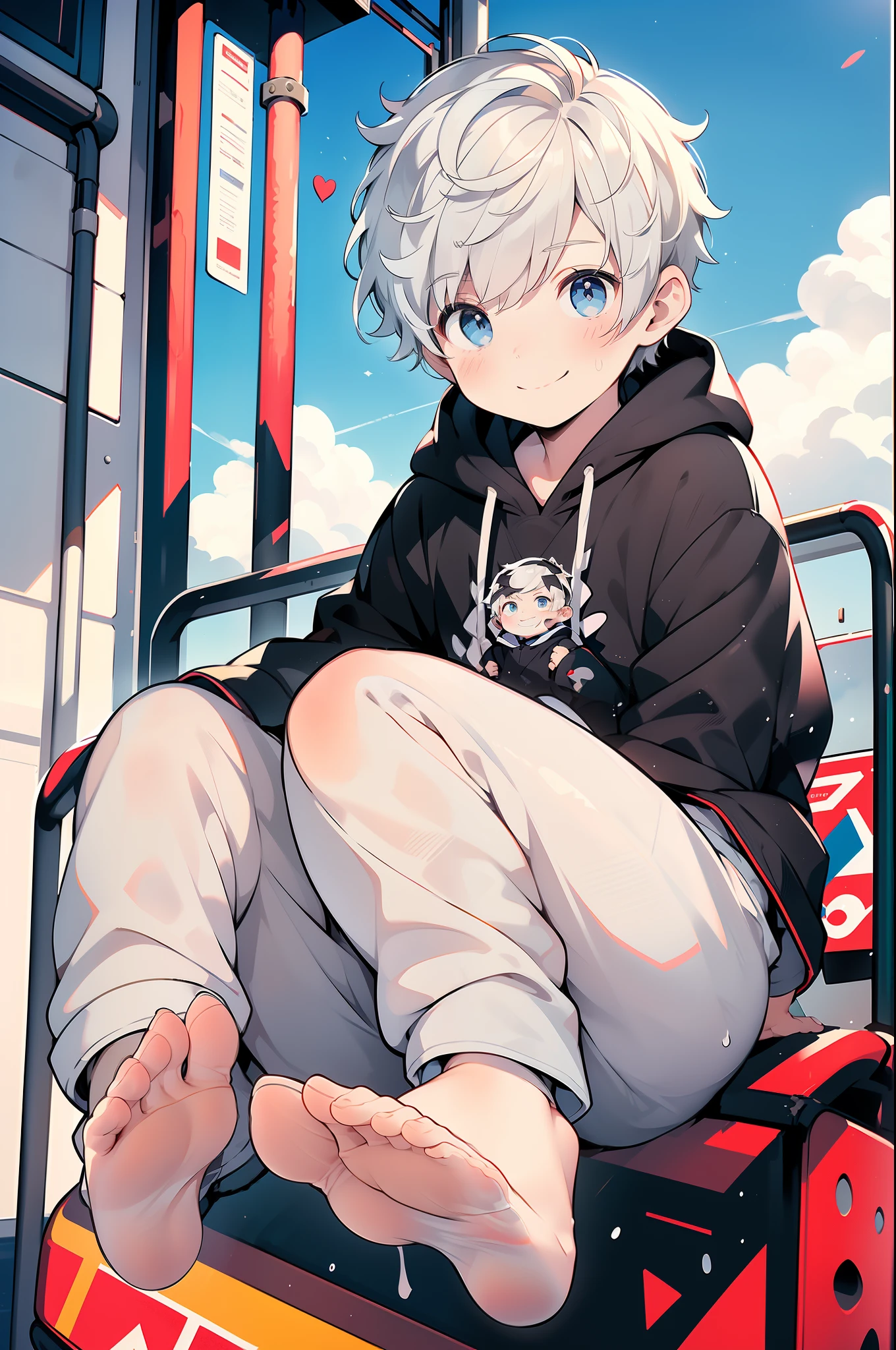 Masterpiece, chubby ********** with white hair and shiny bright blue eyes and barefoot wearing a hoodie, and oversized sweatpants sitting in a train, young, boy, child, small, toddler, soft light, (sweatpants:1.4), (Boy:1.4), (Shota:1.4), (Young:1.4), (Male:1.4), (smiling:1.4), (foot:1.4), (shy:1.4),