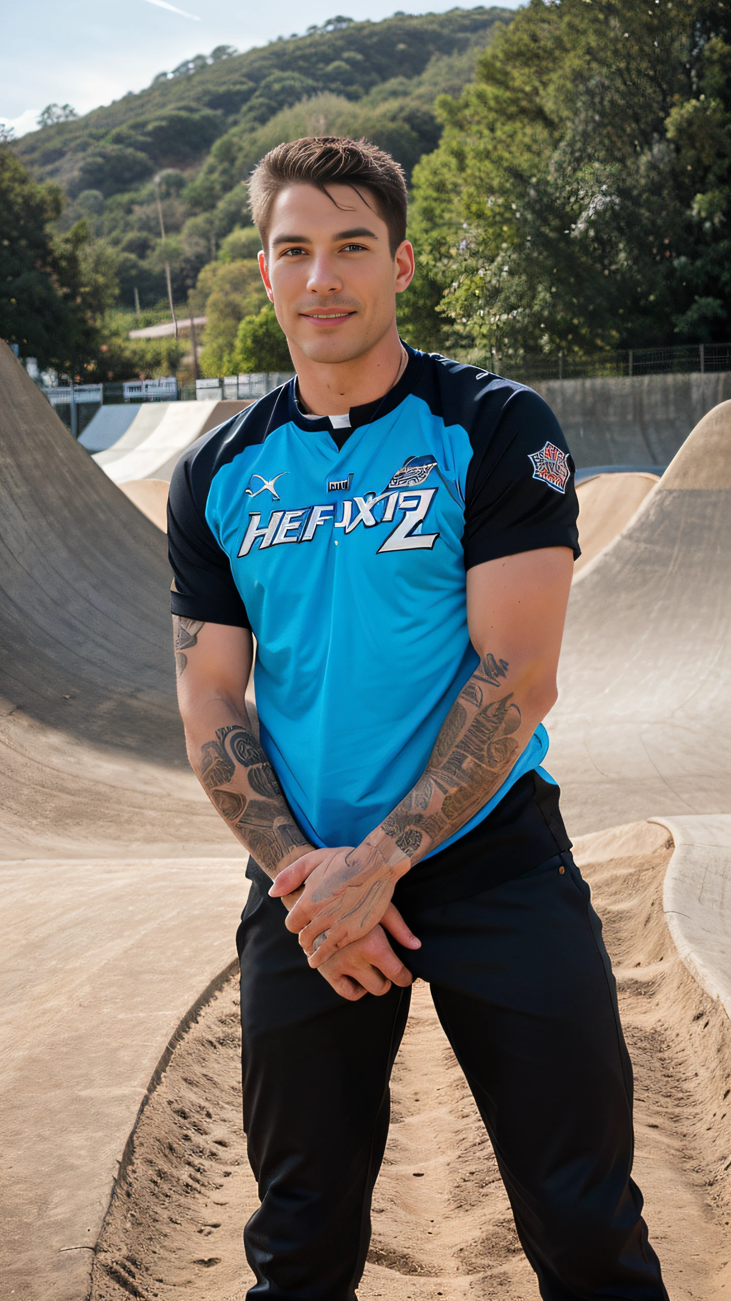 Hyper realistic image of an athletic looking Caucasian man dressed biker uniform. ((The uniform Blue Fox Racing Sports whit Logos: 1.2)). The character should have detailed skin texture, well-defined hands, and hazel eyes that reflect realism. His face should show symmetry in his physical features, and seductive smile, casual hairstyle, detailed finger nails, beautiful teeth, extremely detailed. When standing, the lighting in the scene should be natural and realistic, with a american shot that shows the character centered in the frame, (looking directly at the viewer: 1.9) (Face directly at the viewer: 1.9), (challenging gaze). ((Also, make sure his entire body is facing the viewer to create a sense of connection: 1.9)).
(Fund of a BMX track: 1.6)
detailed background, real-life lighting,