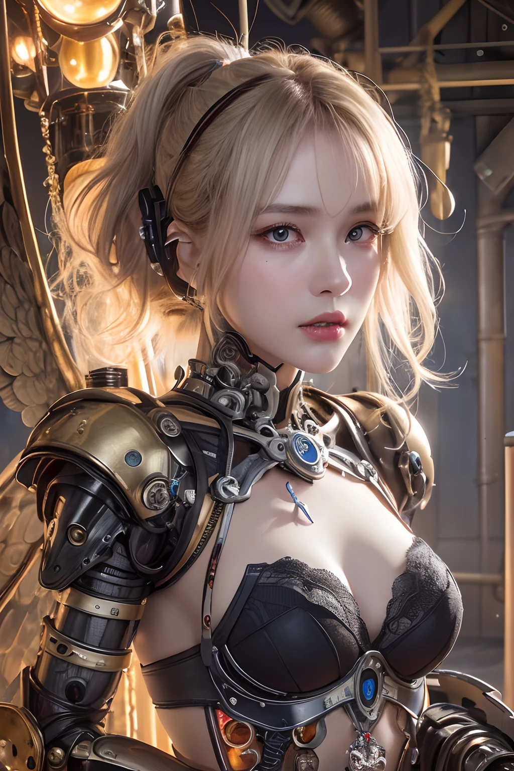 top-quality、​masterpiece、超A high resolution、(Photorealsitic:1.4)、Raw photo、女の子1人、blondehair、With bangs、glowy skin、(1. Cyborg Angel)、Shining Angel Circle、((super realistic details))、portlate、globalillumination、Shadow、octan render、8K、ultrasharp、Colossal tits、Raw skin is exposed in cleavage、metals、Details of complex ornaments、Steampunk details、vacuum tubes、Nixie Kan、Oil pressure gauge、Glass Kan、Analog Meter、gear wheel、gear、Hydraulic cylinder、highly intricate detail、Realistic light、a purple eye、radiant eyes、Facing the camera、neon details、Mechanical limbs、blood vessels connected to tubes、Mechanical vertebrae attached to the back、mechanical cervical attaching to neck、sitting on、Wires and cables connecting to the head、Small LED lamp、Sumerian details、