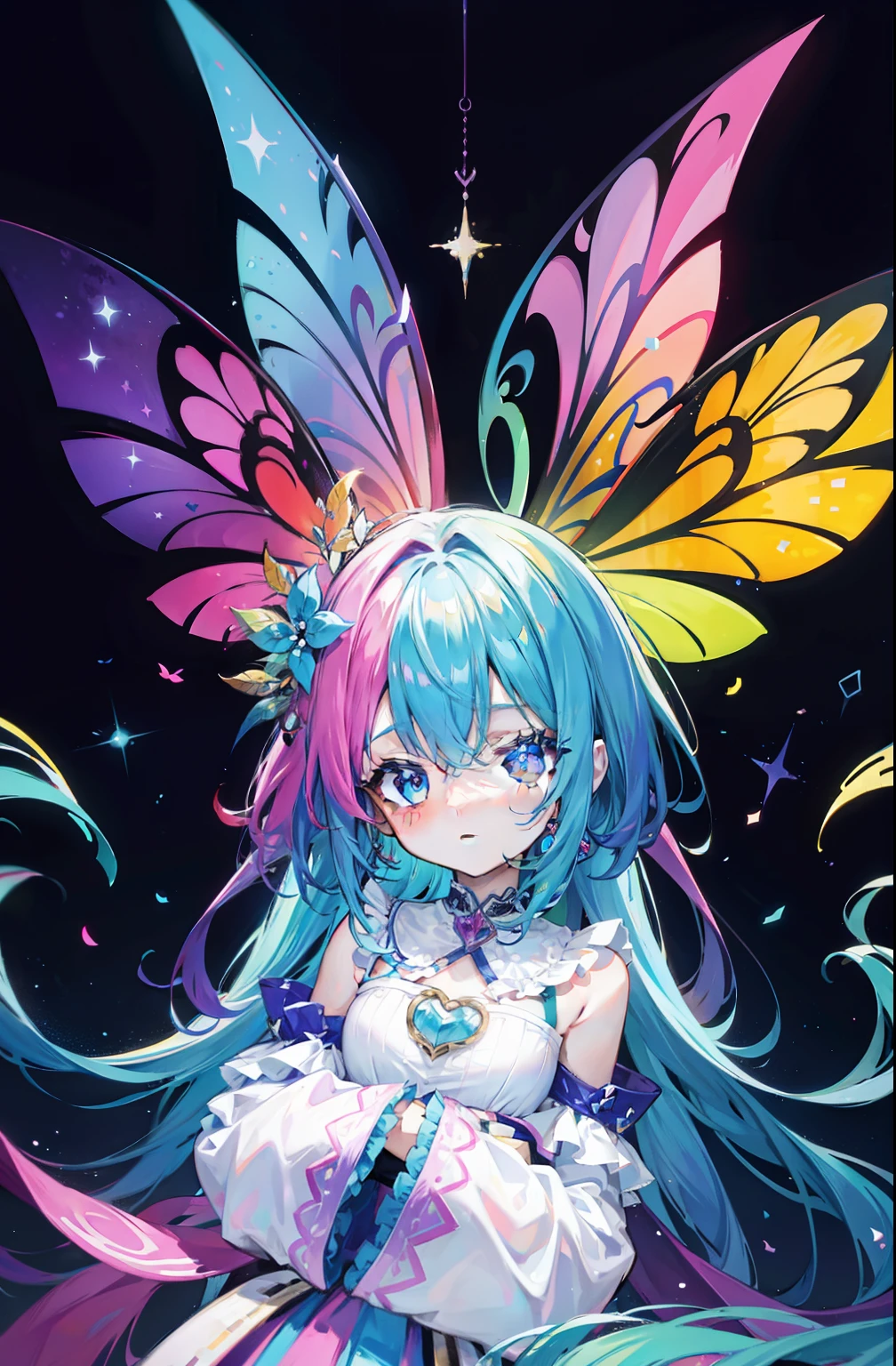Illustration of a cute bikini model girl, (Anime style:1.2), masutepiece, Best Quality, ultra-detailliert, 4K, absurderes, hight resolution,(((masutepiece, Best Quality)))((masutepiece:1.5)), (Best High Quality, 超A high resolution, The ultra -The high-definition, 4K:1.3),(((Perfect hands, Perfect fingers, Perfect legs))),1womanl, Looking at Viewer ,Full body shot, 20 years old, ((Light blue eyes)),((Round eyes)), White skin, (((skinny))), Sweat,((Shiny body, Shiny skin,)), (((masutepiece, Best Quality)))((masutepiece:1.5)), (Best High Quality, 超A high resolution, The ultra -The high-definition, 4K:1.3), (((Blunt bangs:1.3))), (((Pink bob hair))), (((blue colored inner hair:1.3))),(((blue streaked hair:1.3))), ((Blue eyes)), ((White skin)),((((Shiny body, Shiny skin,)))), Dynamic Pose , fairy tail, (( Blue glowing eyes)), butterfly hair ornament, BREAK ,((Midnight)), panoramic shot , glowing butterflies, (white blouse:1.4),highleg shorts, micro denim skirt, high cut shorts,The stomach is visible,simple background,((Butterfly wings)), ((fly, Flying:1.2)), Open mouth and laugh out loud, Lots of glowing butterflies, flying butterflies, Perfect legs,((intricate designs)) BREAK, (a closeup),Low position,((Show your teeth and smile:1.5)),(((Finger pointing:1.2)))