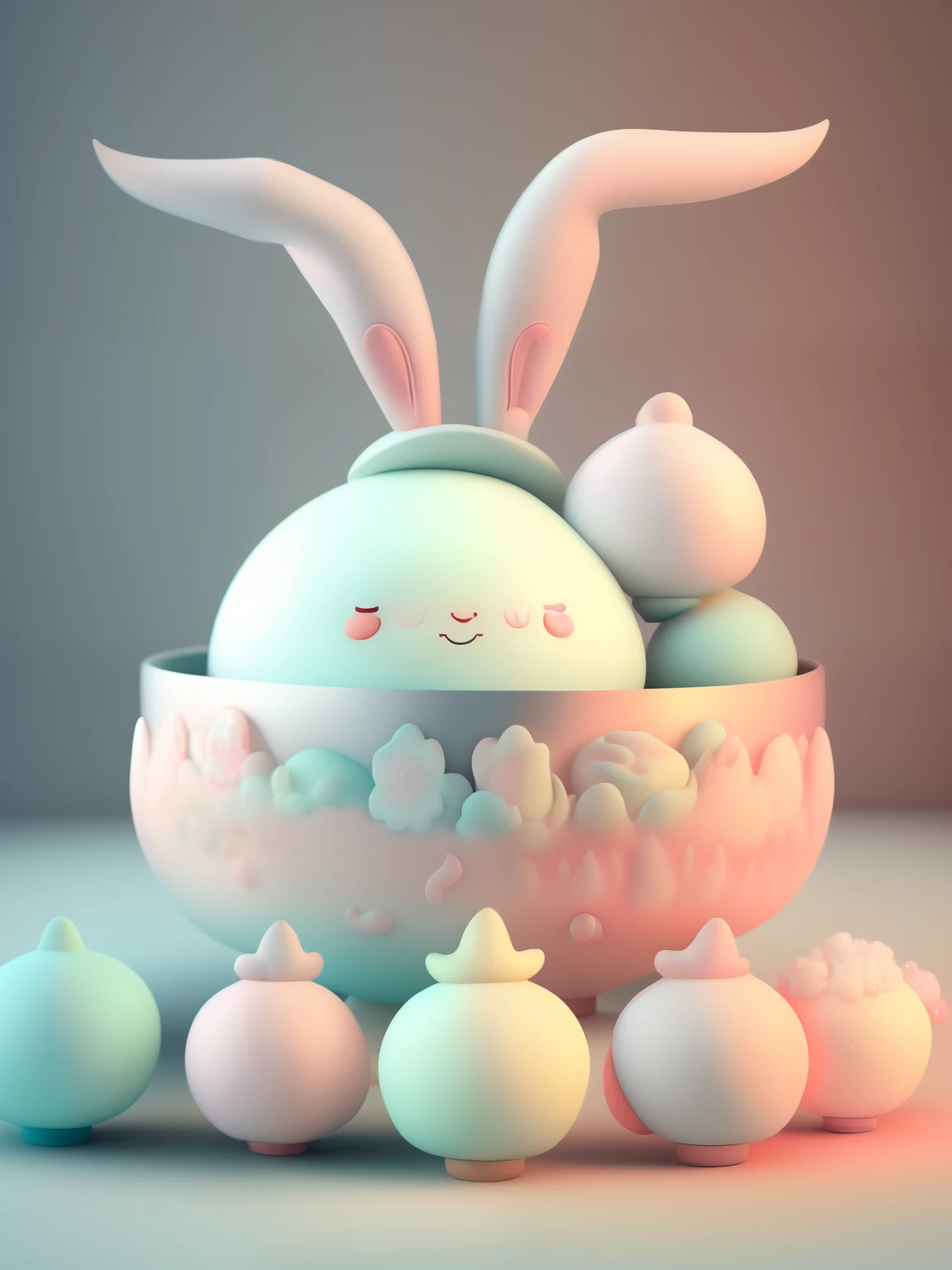 Chibi style,Dozens of tangyuan with rabbit ears,Very cute face,Very real,Chinese folk art style tangyuan,Chinese kitchen background,Steaming hot,It looks delicious.,Ultra high definition image quality,