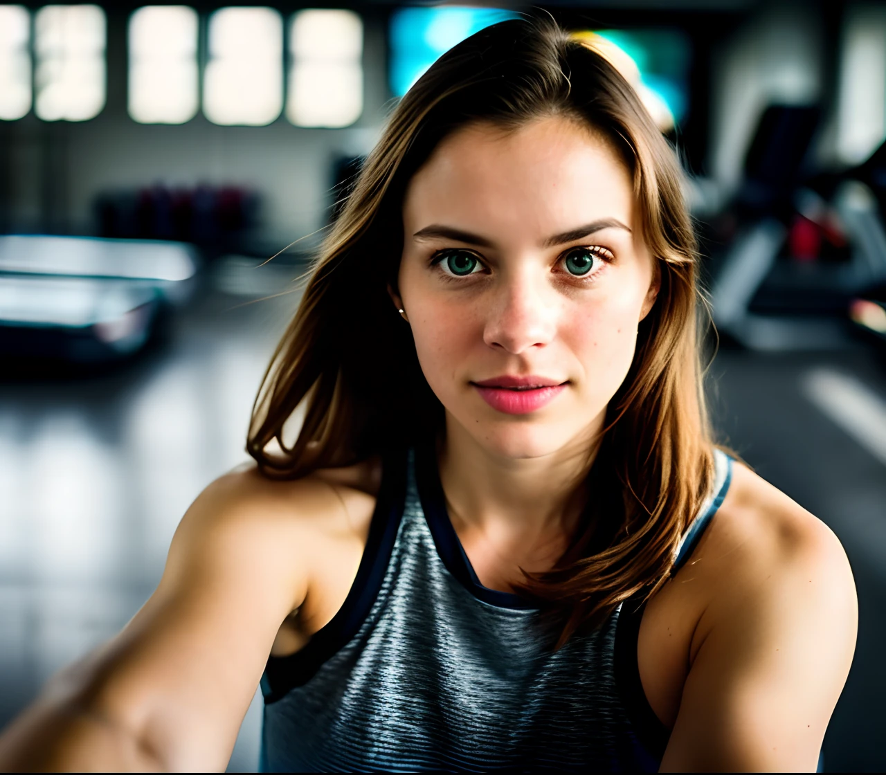 solo portrait photo of a real life girl 30 years old
Take selfie in the gym , charming smirking
by Ando Fuchs and Julius Horsthuis ultra realistic highly detailed intricate photorealistic analog style photograph sharp focus on eyes, cinematic lighting , full body shot , wide shot