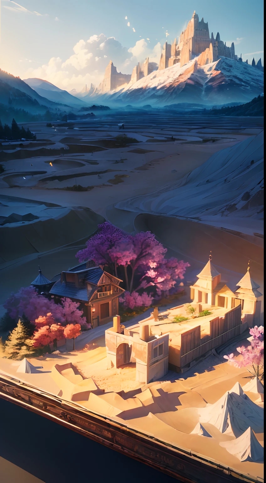 (sandbox:1.4),Movie Angle,(Sun, White clouds, Mountains, ln the forest, rivers),(paper art,Quilted paper art,geomerty),(Extremely colorful, Best quality, Detailed details, Masterpiece, offcial art, movie light effect, 4K, Chiaroscuro),Rose rose,peach blossom,Peonies,Tulip Tuli,