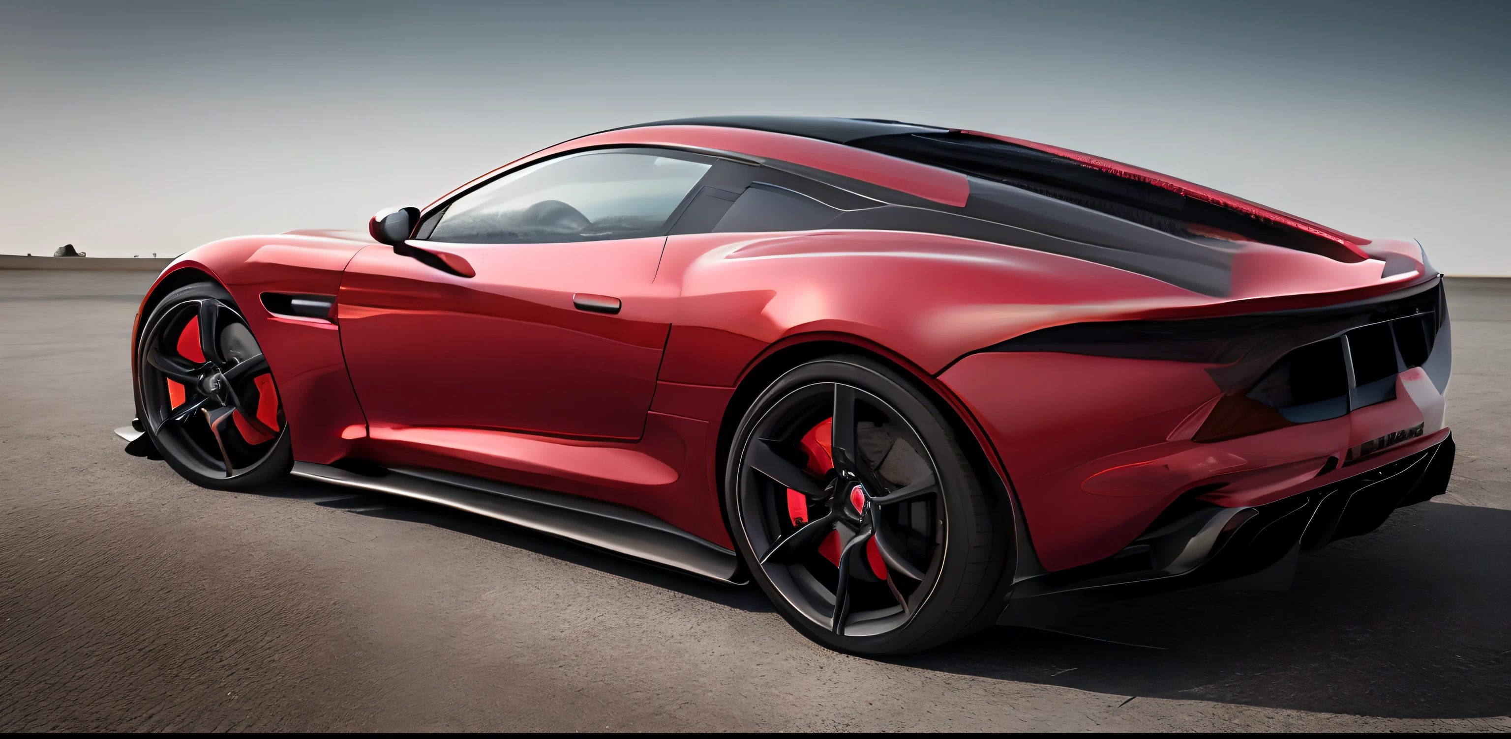 A red sports car is parked in a parking lot with the sky as a background, artistation render, 3 d render of an aston martin, inspired by Bernardo Cavallino, it has a red and black paint, cgi rendering, Aston Martin, Vehicle design trends, 🕹️ 😎 🔫 🤖 🚬, velvety, inspired by Harry Haenigsen, high quality rendering