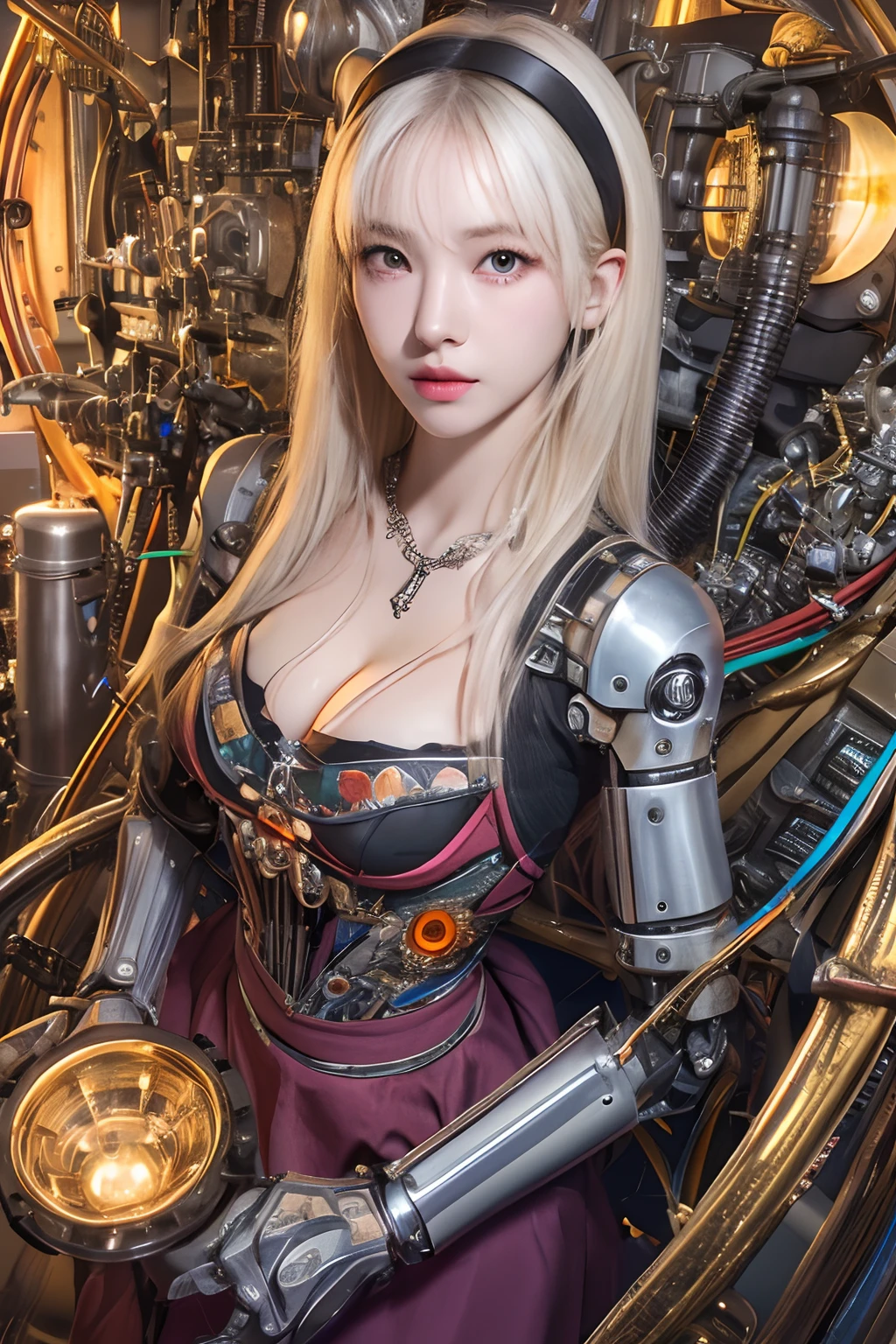 top-quality、masterpiece、超A high resolution、(Photorealsitic:1.4)、Raw photo、1人、blondehair、With bangs、glowy skin、(1. Cyborg Angel)、Shining Angel Circle、((super realistic details))、portlate、globalillumination、Shadow、octan render、8K、ultrasharp、Colossal tits、Raw skin is exposed in cleavage、metals、Details of complex ornaments、Steampunk details、vacuum tubes、Nixie Kan、Oil pressure gauge、Glass Kan、Analog Meter、gear wheel、gear、Hydraulic cylinder、highly intricate detail、Realistic light、a purple eye、radiant eyes、Facing the camera、neon details、Mechanical limbs、blood vessels connected to tubes、Mechanical vertebrae attached to the back、mechanical cervical attaching to neck、sitting on、Wires and cables connecting to the head、Small LED lamp、Sumerian details、