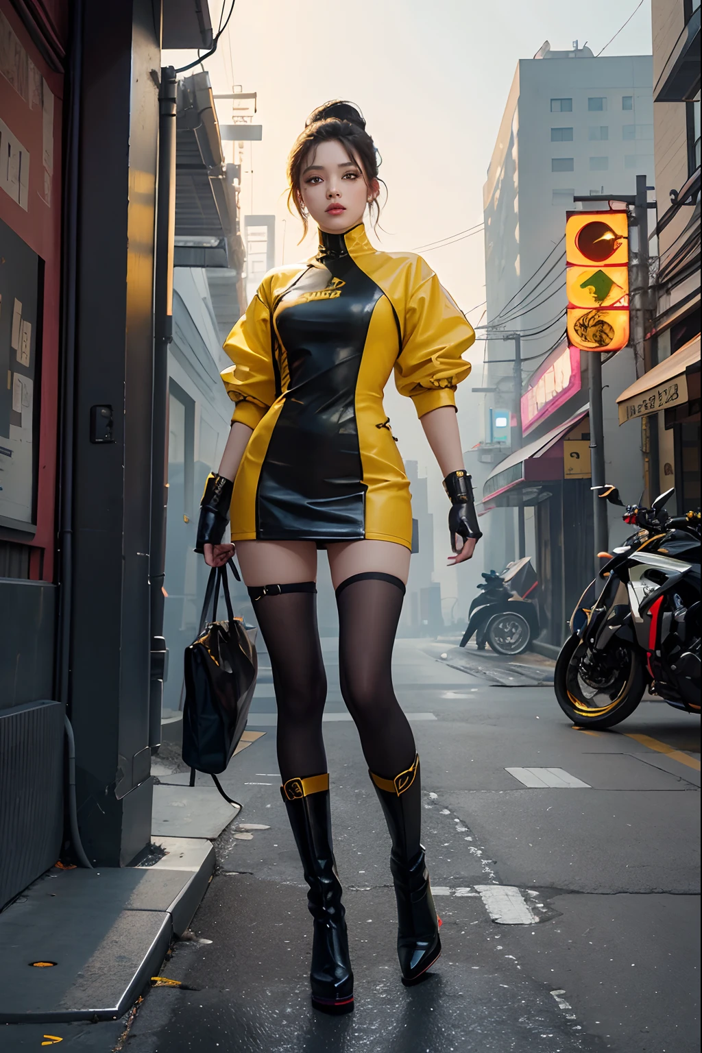 One dressed in yellow，A woman with a beautiful face, Perfect body, Black boots standing in front of the city, Kim Hong-do's cyberpunk art, CGSesociety, retro-futurism, cgsociety 9, Full body CGsociety, Seguro para o trabalho.CGSesociety