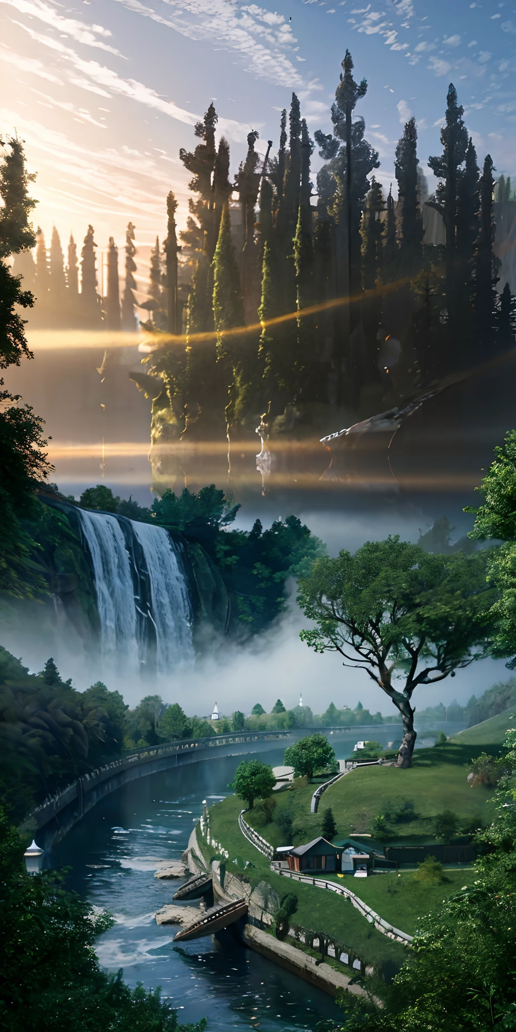 Analog style,ChromaV5,nvinkpunk,(extremely detailed CG unity 8k wallpaper),An image of a majestic river, trees on the sides, tiny waterfall, intense fog ,award winning photography, Chromatic Aberration, Detailed , HDR, Bloom, style by Monet, Pissarro, and Sisley ,trending on ArtStation, trending on CGSociety, art by midjourney
