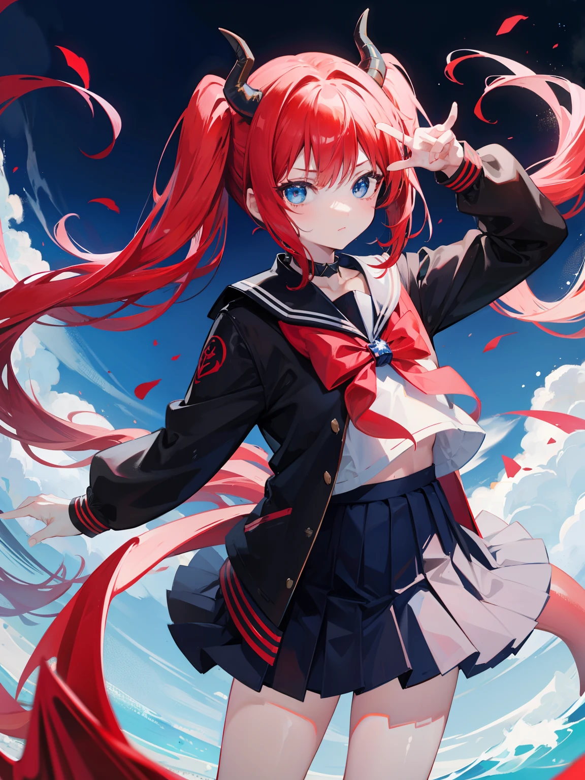 red hair, blue eyes, twintails, Sailor suit,black coat, Dragon horns,Pleated skirt,solo,loli,cute,bow